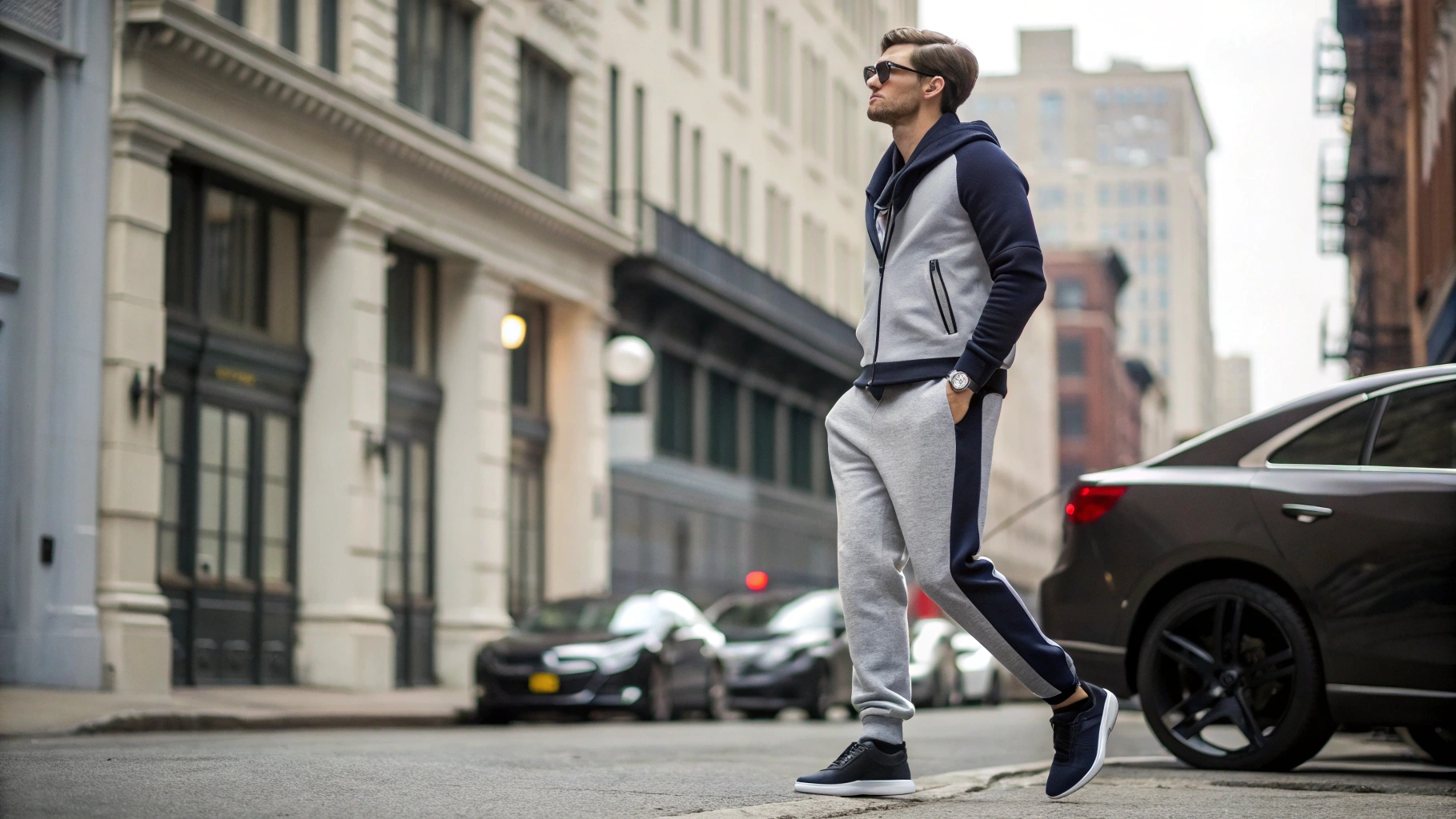 A man showcasing a versatile sweatpants look, blending sporty and chic elements for different seasons, with neutral tones and modern fashion trends set against an urban backdrop.