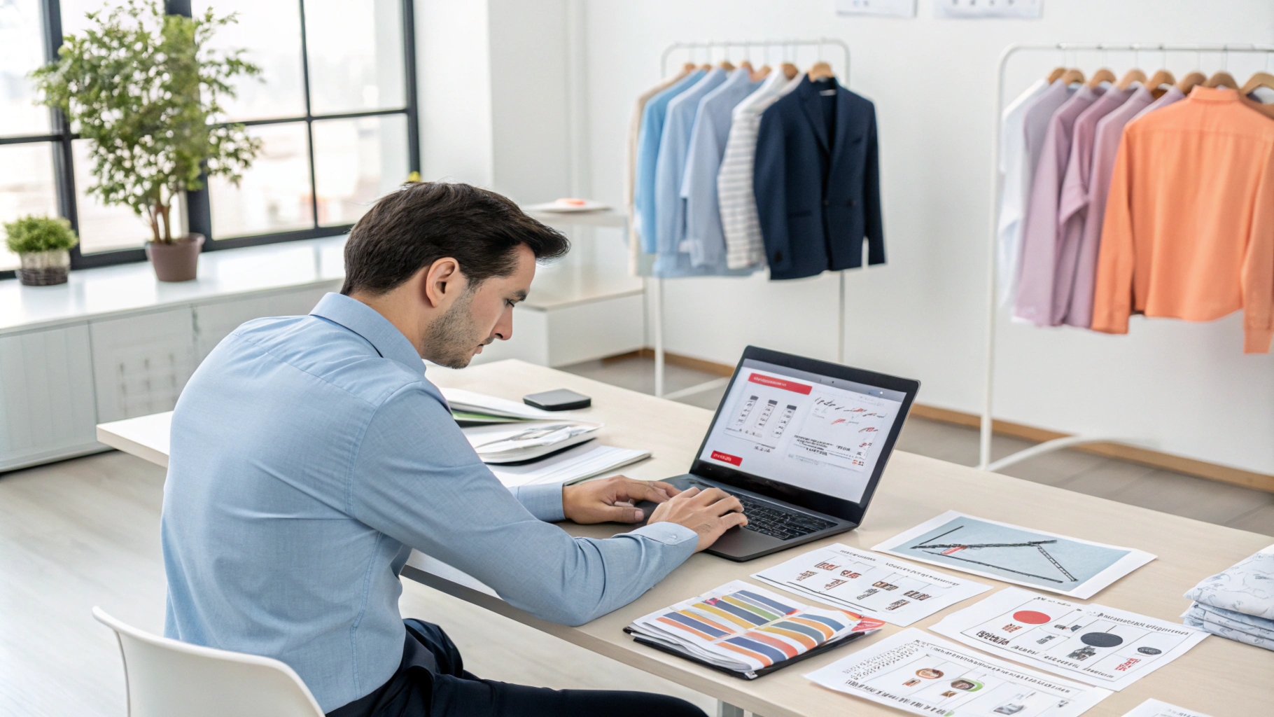 Business owner researching wholesale shirt suppliers on a laptop with samples, pricing details, and trade show brochures on a desk in a bright office.