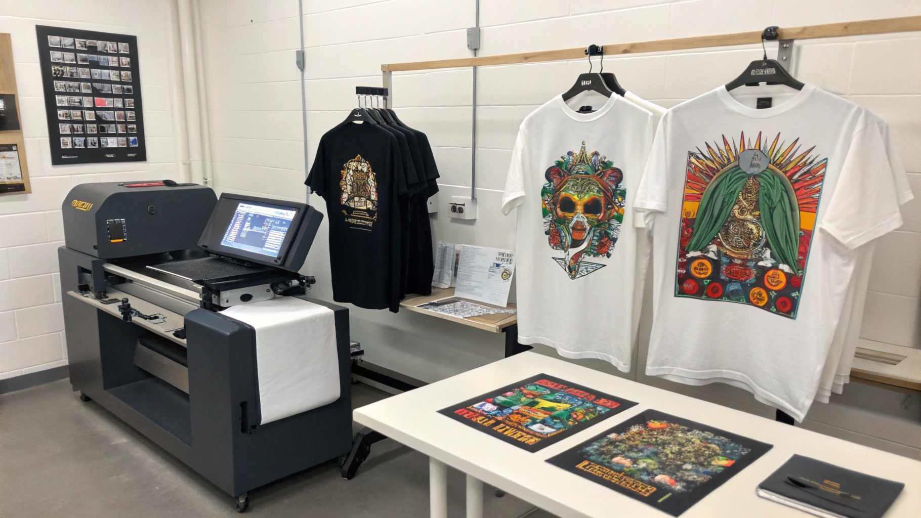 Custom printed t-shirts featuring a branded logo, artistic design with a slogan, and personalized event message, displayed in a modern studio with soft lighting.