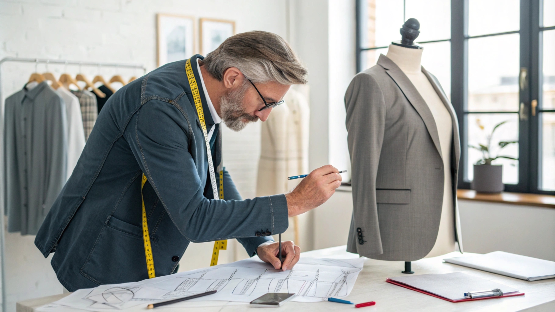 Designer sketching clothing concepts at a table while a tailor adjusts a garment on a mannequin, surrounded by fabric swatches, measuring tools, and sketches in a modern studio.