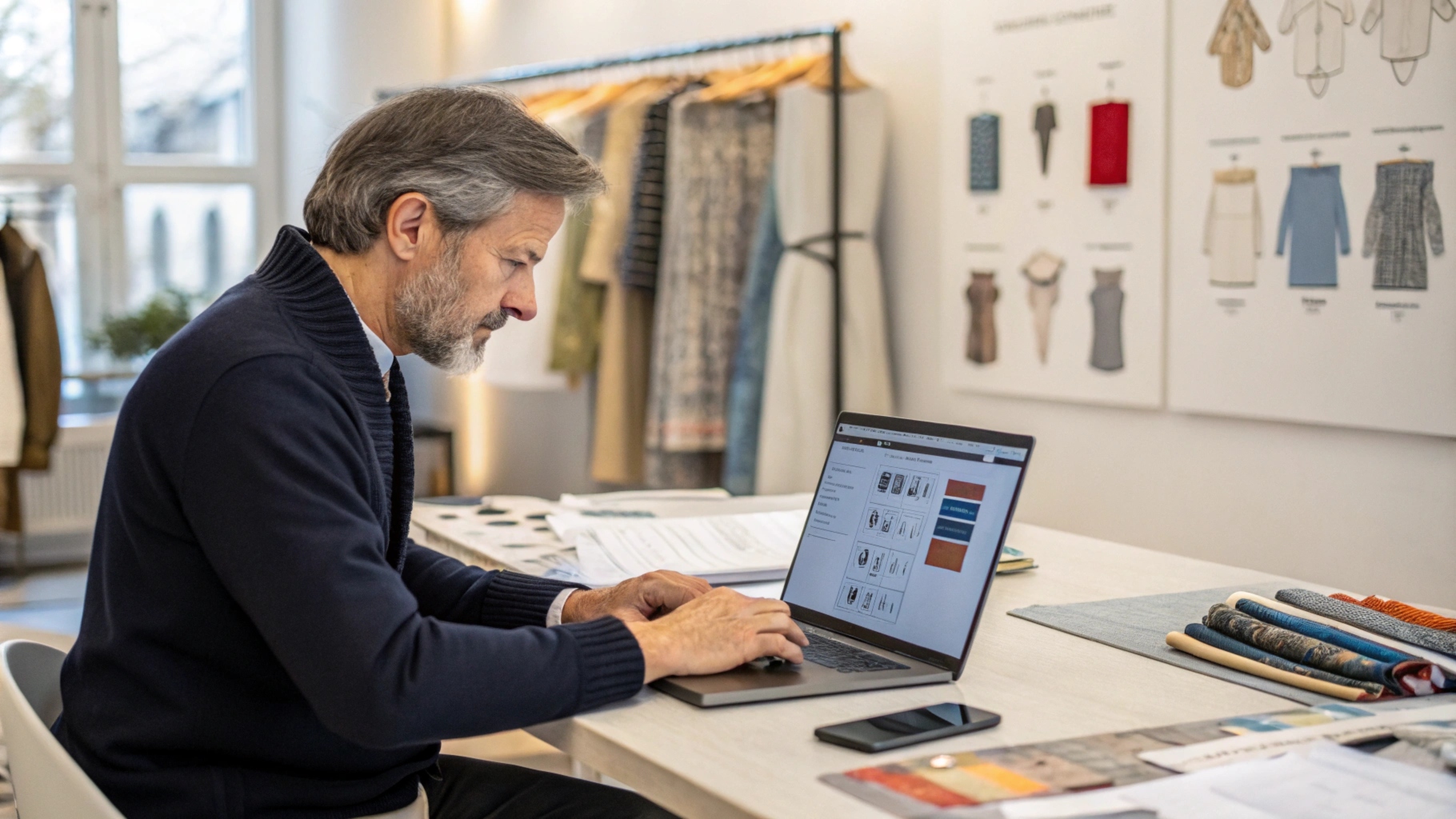 Designer browsing online platforms like Alibaba and MakersRow on a laptop, comparing pricing, MOQs, and lead times for bulk custom clothing manufacturers, surrounded by fabric swatches and sketches.