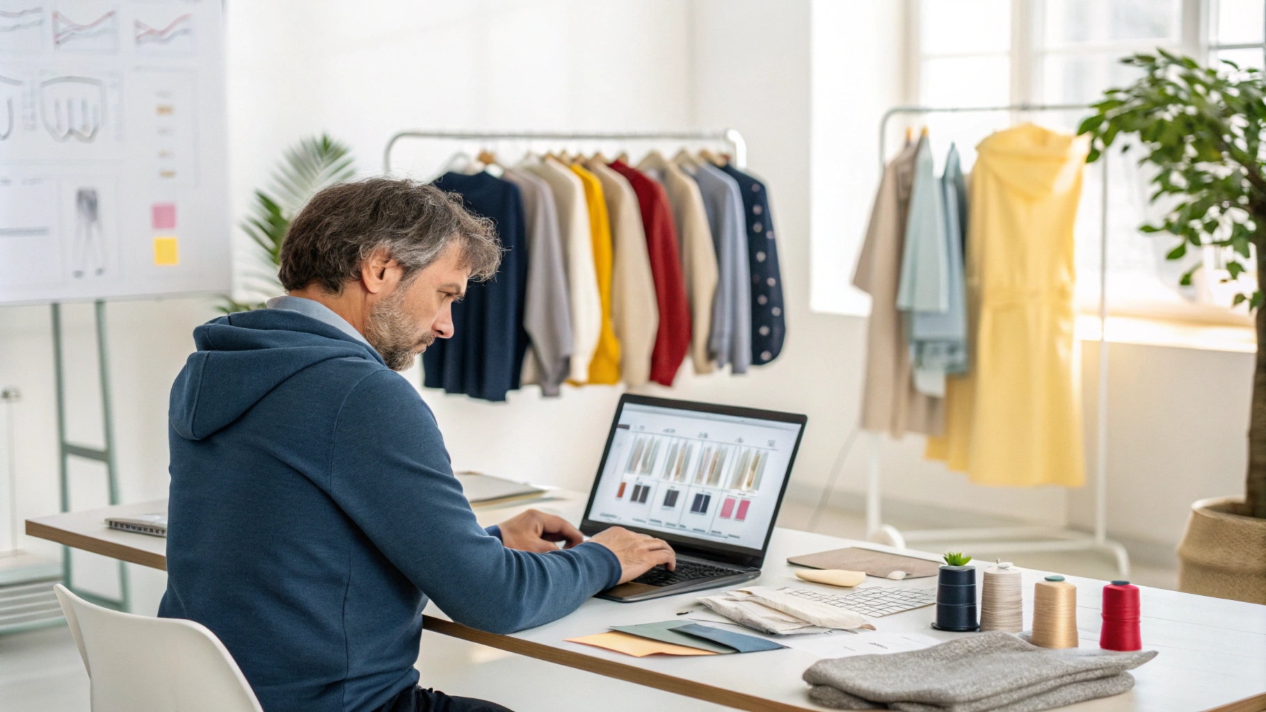 Designer evaluating manufacturers with a laptop showing profiles, production capacity charts, and quality control processes, surrounded by fabric samples and custom clothing designs in a bright workspace.