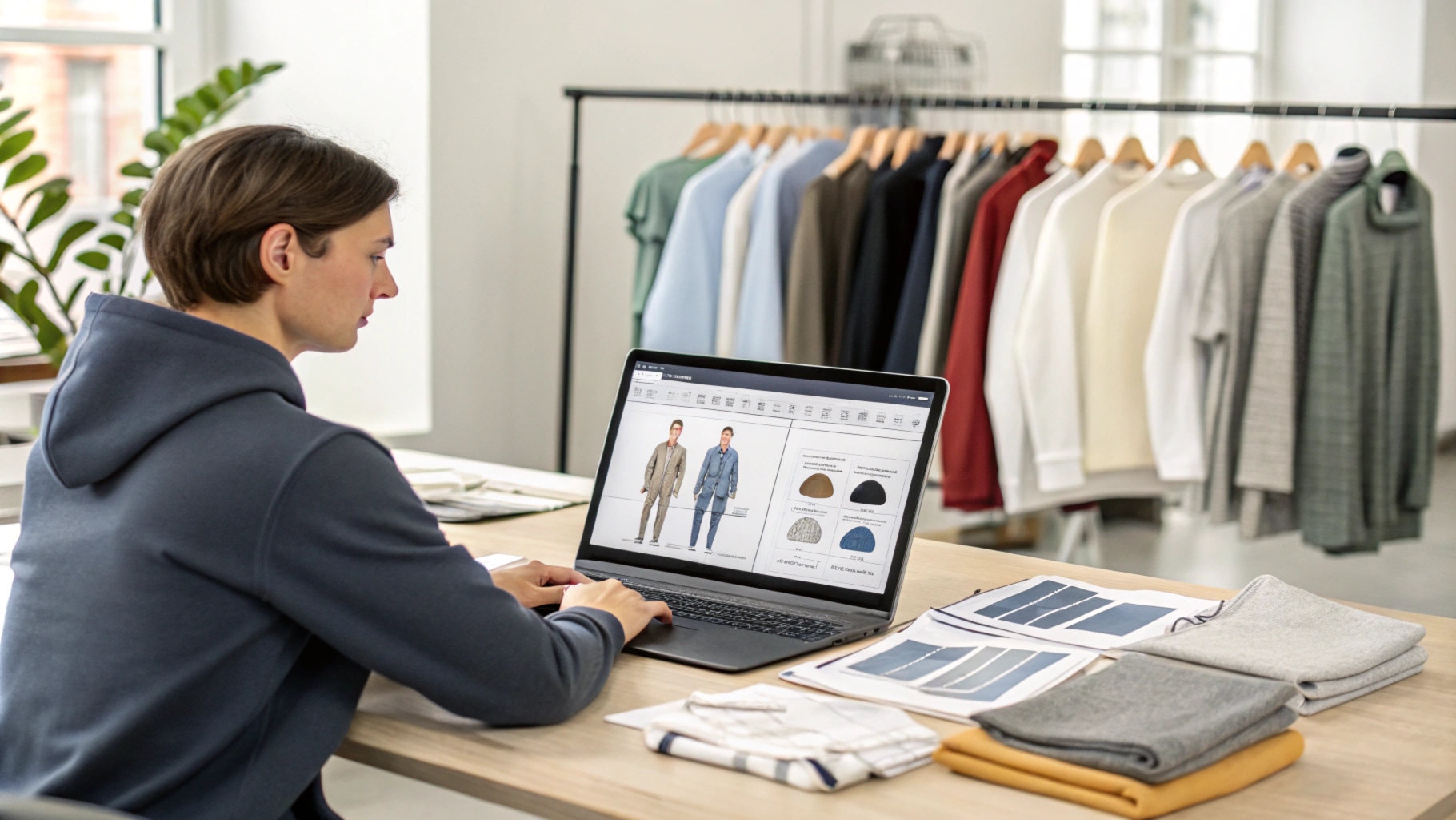 Designer evaluating manufacturers with a laptop showing profiles, production capacity charts, and quality control checklists, surrounded by fabric samples and custom clothing designs.