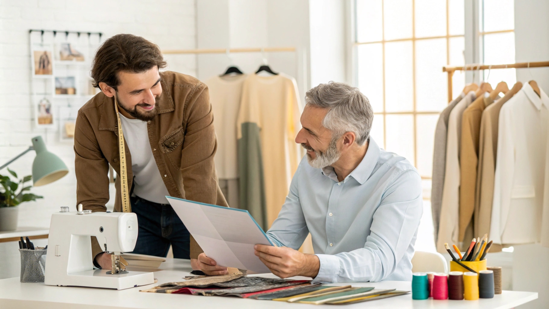 Designer meeting with a skilled tailor in a bright studio, reviewing a portfolio with fabric swatches, sketches, and garments, while discussing ideas for a new project in a professional workspace.