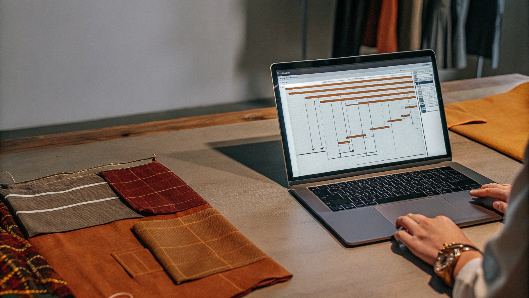 Designer reviewing a production timeline on a laptop showing design approval stages, production time estimates, and shipping timelines, with fabric swatches and sketches on a workspace table.