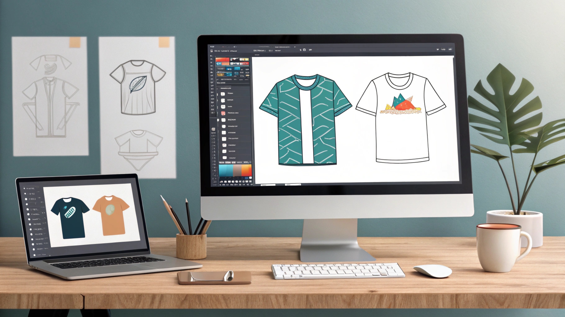 Medium shot of a designer’s workspace with t-shirt design tools open on a computer screen, including Adobe Illustrator, Photoshop, Canva, and CorelDRAW.