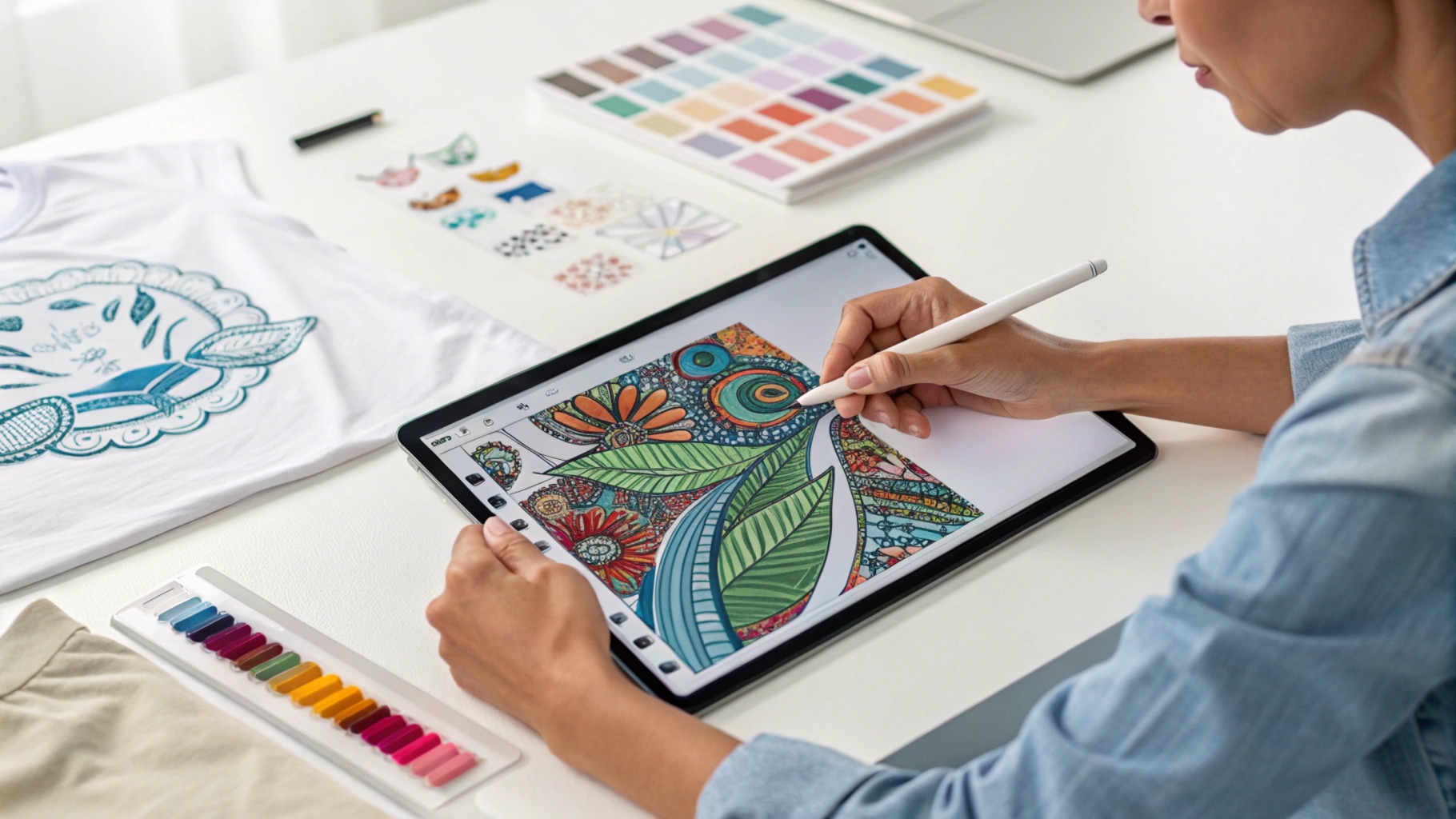 Designer creating a custom t-shirt design on a digital tablet, with editing tools, fabric swatches, and sketches in a modern, well-lit studio.