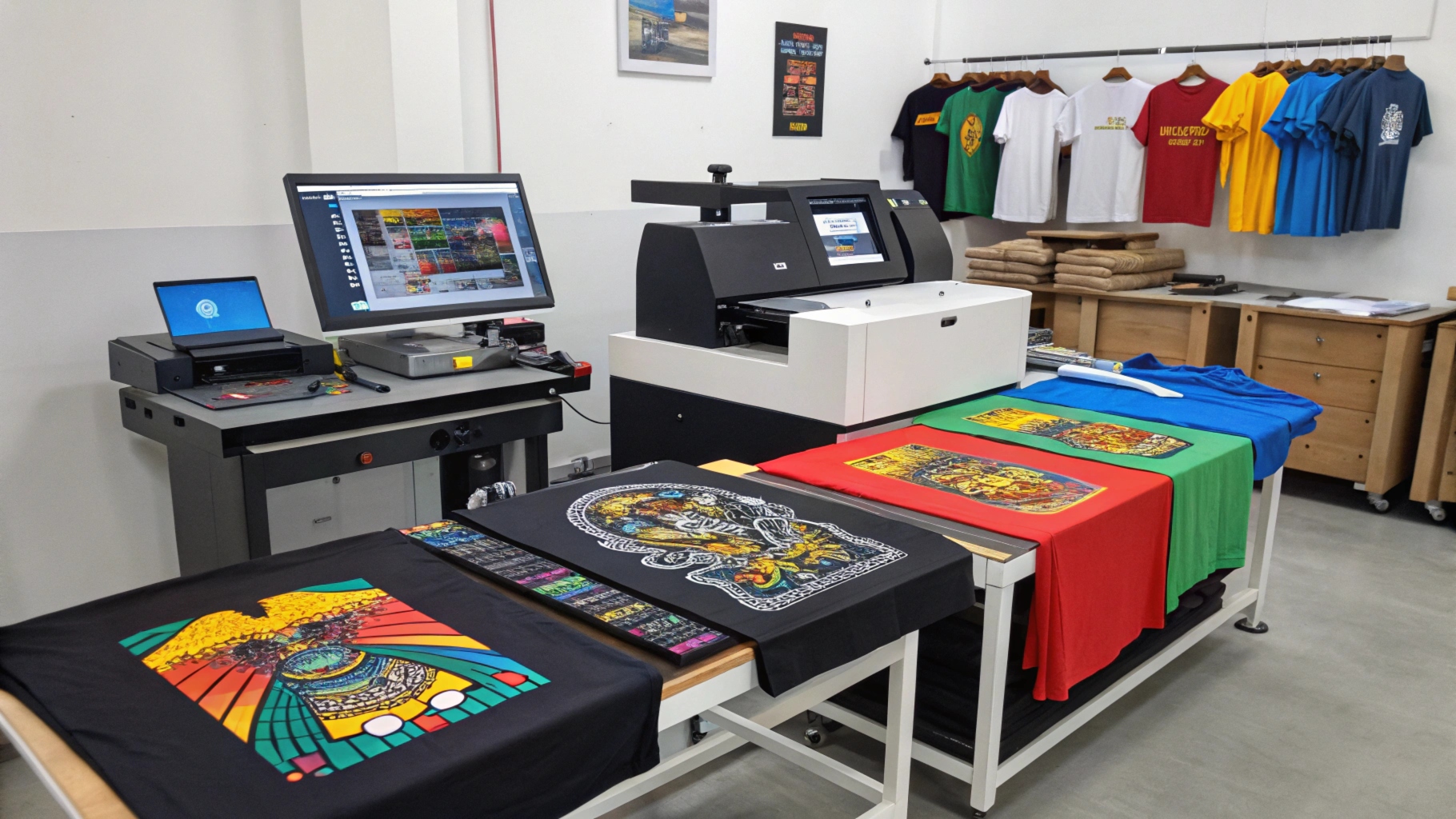 Professional t-shirt printing studio showcasing screen printing, DTG printing, heat transfer, and sublimation, with vibrant shirts in production in a well-organized workspace.