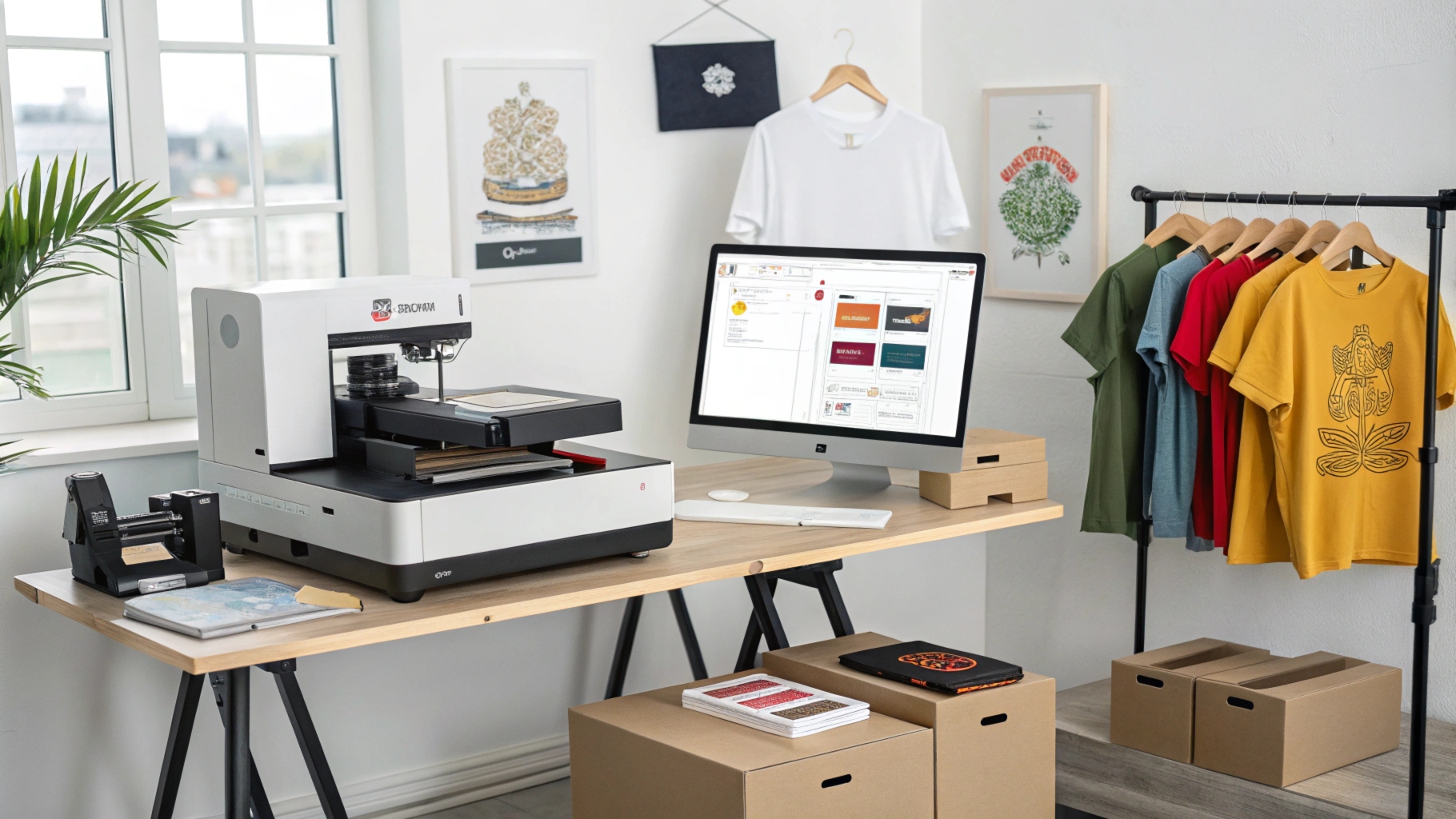 Workspace with screen printing, DTG printer, embroidery machine, custom labels, and packaging materials, showcasing shirt customization options in a modern studio.