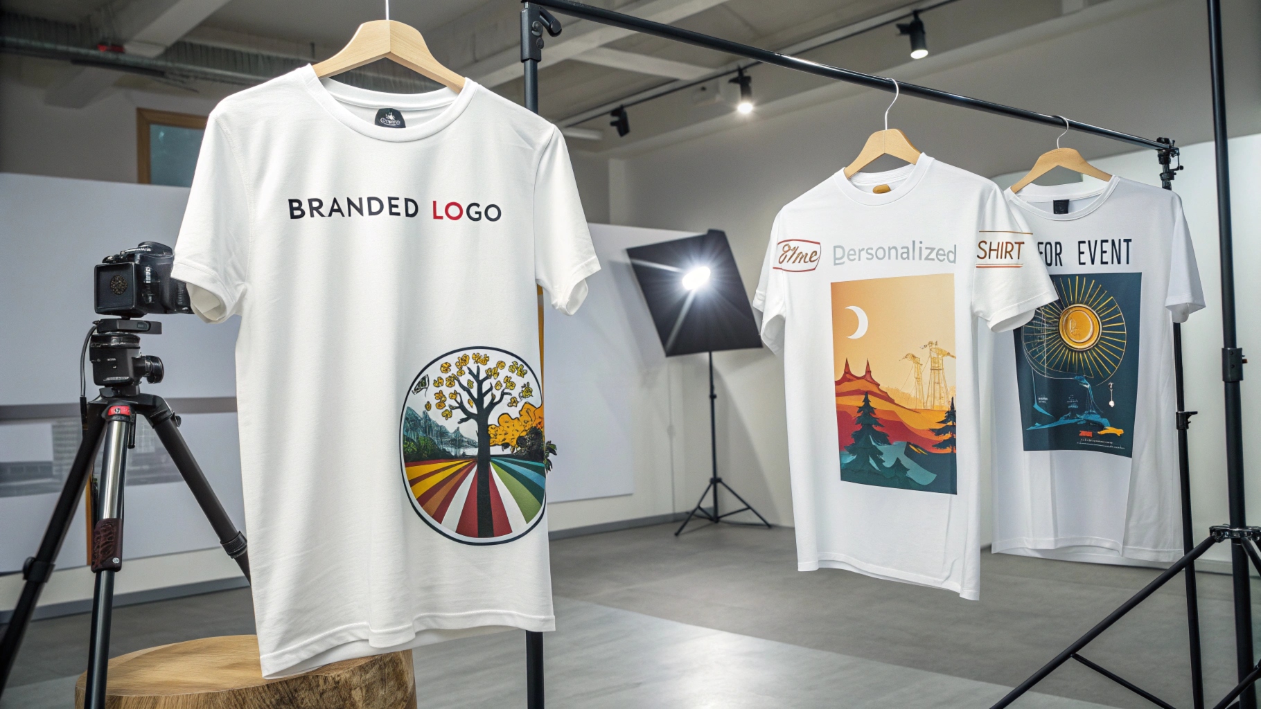 Custom printed t-shirts featuring a branded logo, artistic design with a slogan, and personalized event message, displayed in a modern studio with soft lighting.