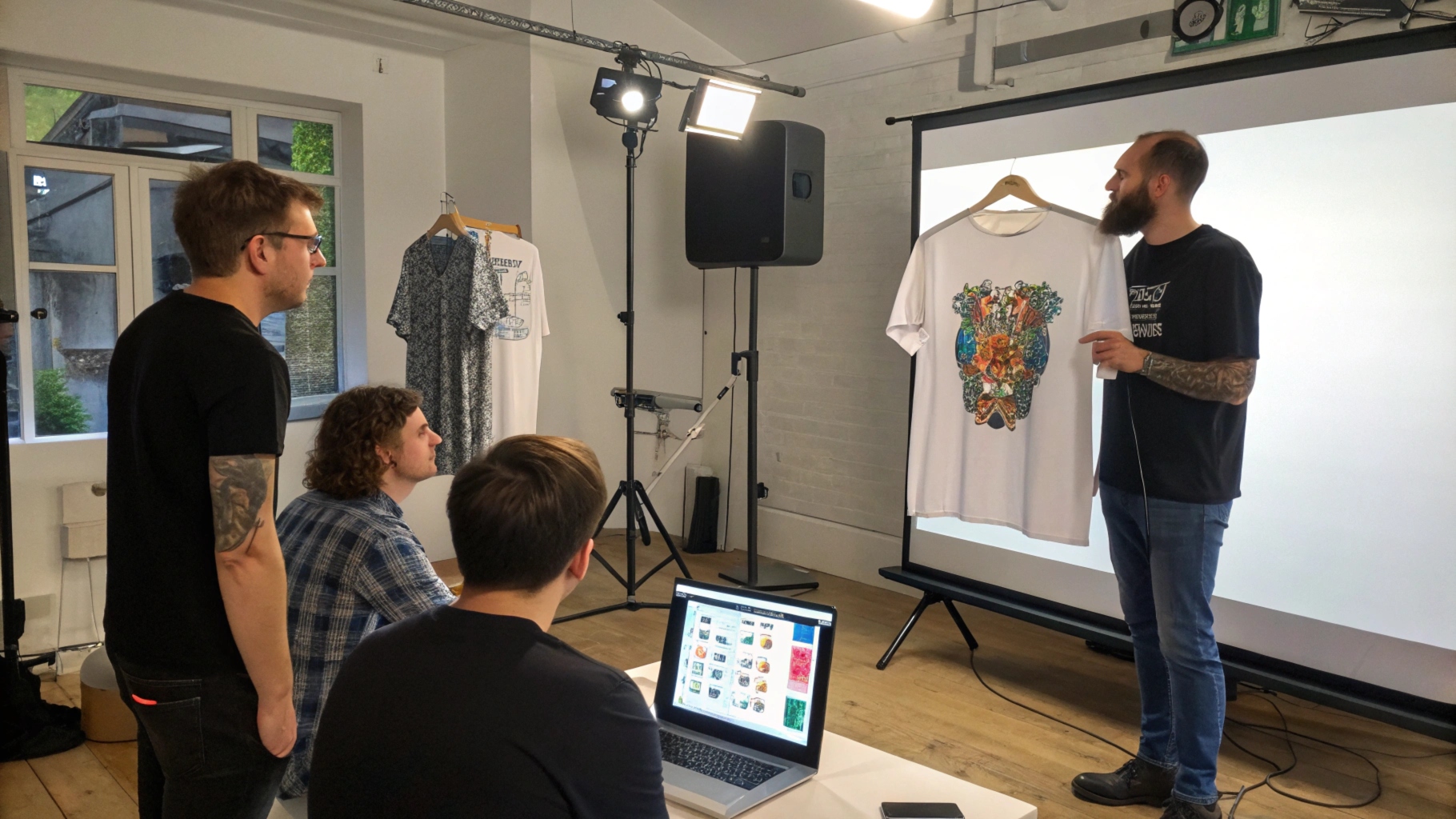 Medium shot of t-shirt design testing, featuring mockups displayed on a digital screen, feedback discussions, and printing methods like screen printing and DTG.