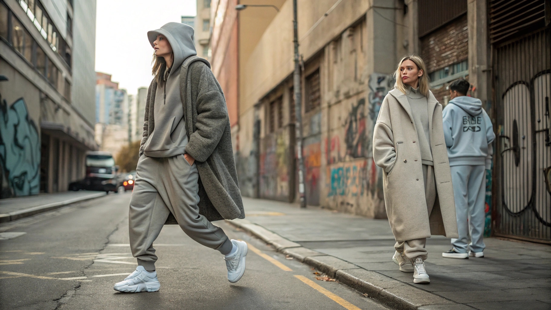 Models in oversized streetwear, featuring loose jackets, hoodies, wide-leg pants, and chunky sneakers in an urban graffiti setting.