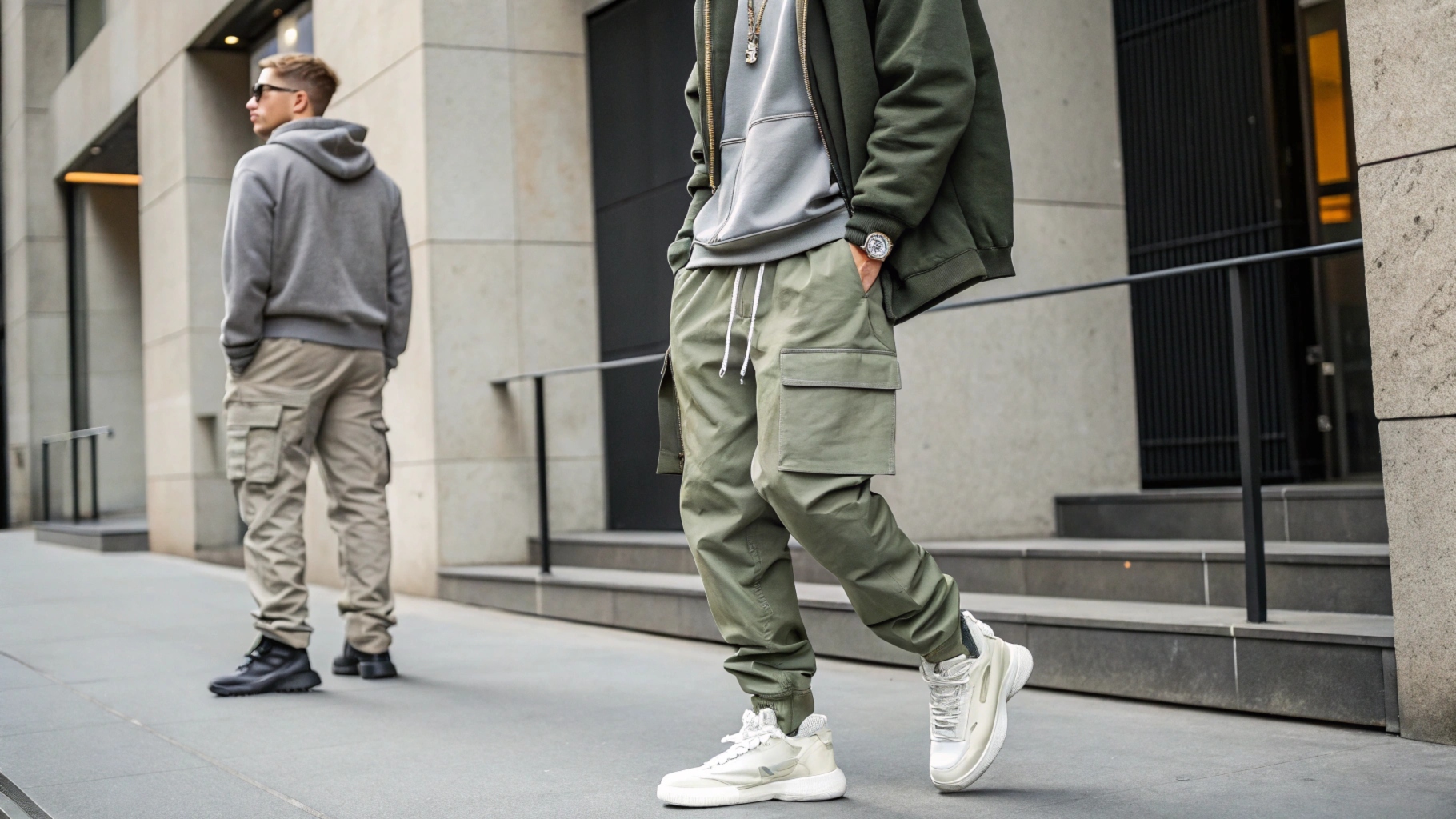 Modern streetwear scene featuring sustainable cargo pants, oversized styles with hoodies, and functional pocket details in an urban environment.