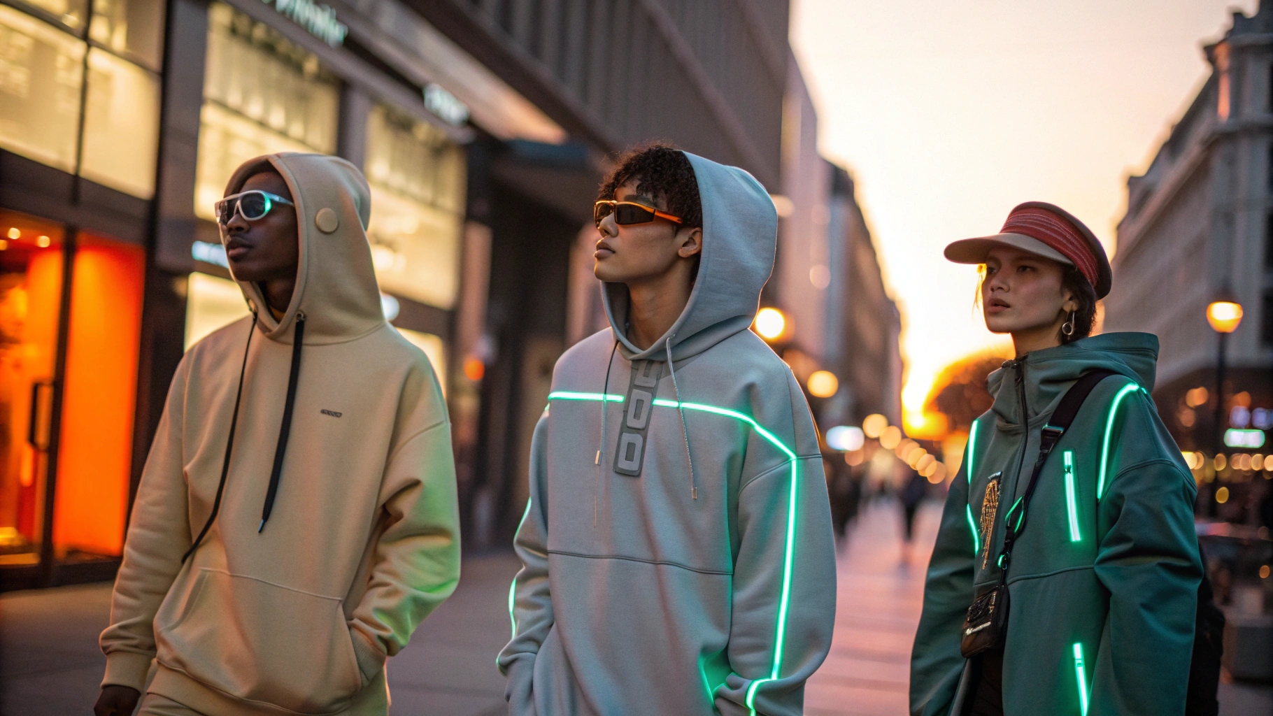 Three individuals in eco-conscious streetwear showcase innovative designs, including an oversized graphic hoodie, gender-neutral tech-infused fashion with LED elements, and recycled fabric accessories, set against a vibrant urban backdrop during golden hour.