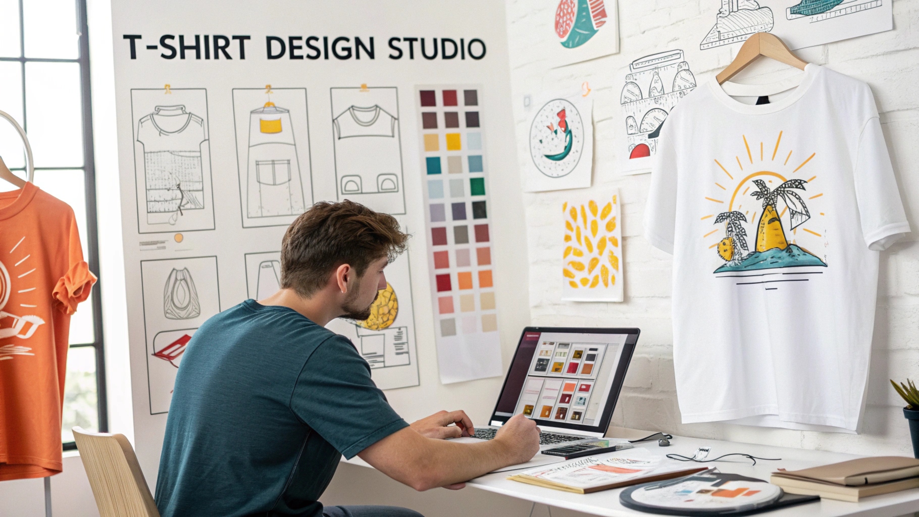 Designer in a modern studio creating a T-shirt design, testing typography, illustrations, and color schemes.