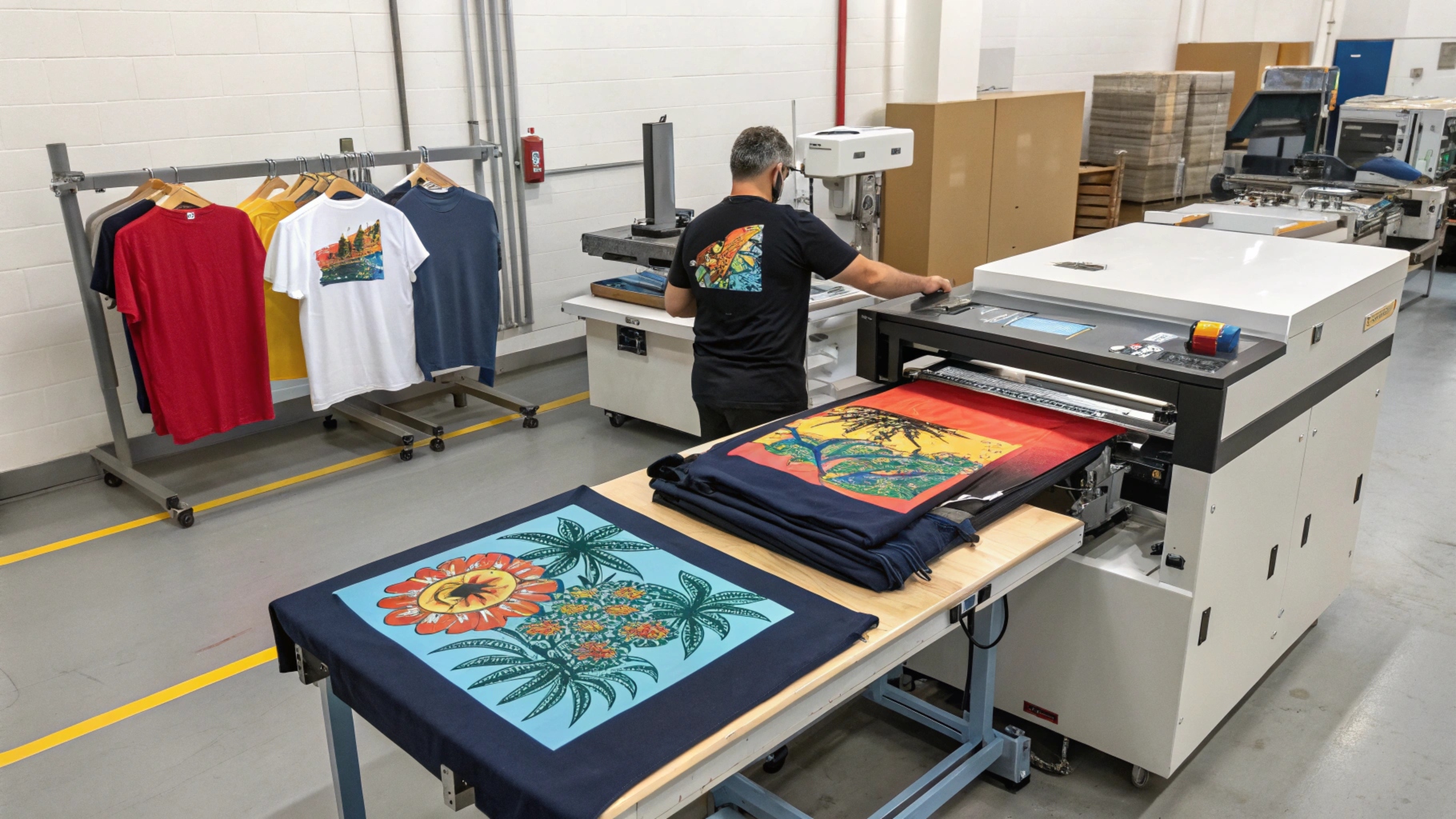 T-shirt printing workshop showcasing screen printing, DTG printing, and heat press methods.