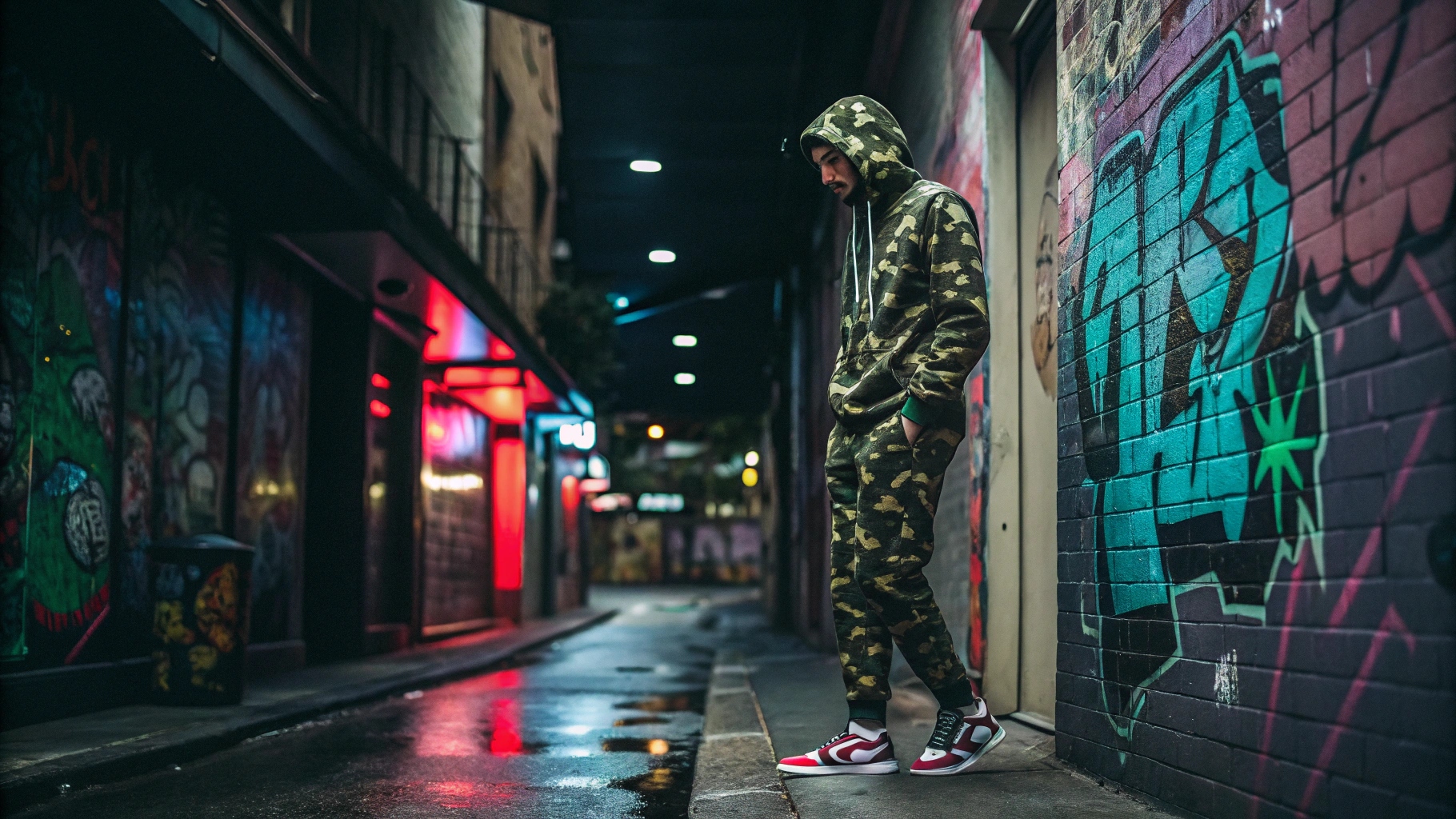 A model wearing a custom-designed BAPE-inspired hoodie with a bold camouflage pattern, premium nylon-spandex blend, paired with relaxed-fit joggers and statement sneakers, standing in a graffiti-covered alley with neon reflections, highlighting exclusivity and streetwear culture.