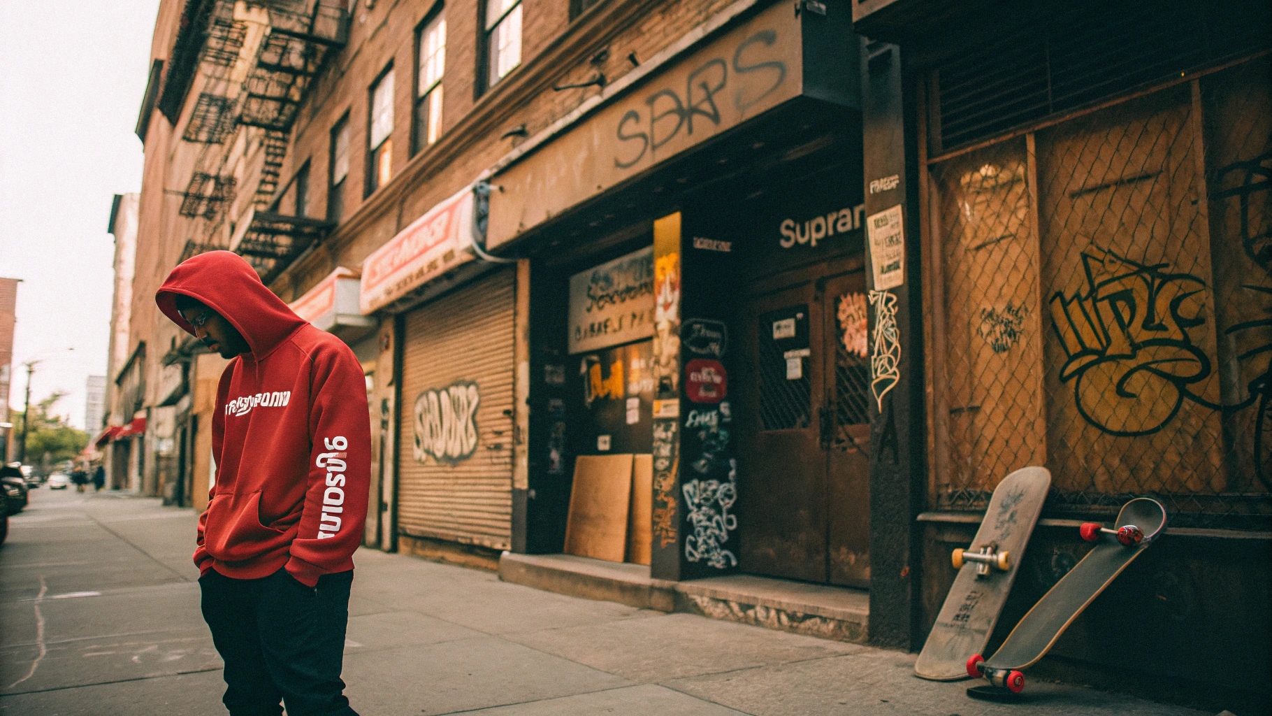 A stylish influencer wearing a Supreme box logo hoodie, surrounded by fans taking photos, set against a neon-lit city backdrop, blending skate culture and hip-hop fashion with cinematic lighting.