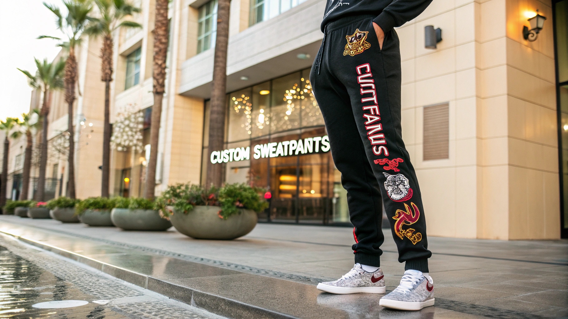 A pair of custom sweatpants with unique designs and a bold logo, set in an urban environment, blending comfort with style.