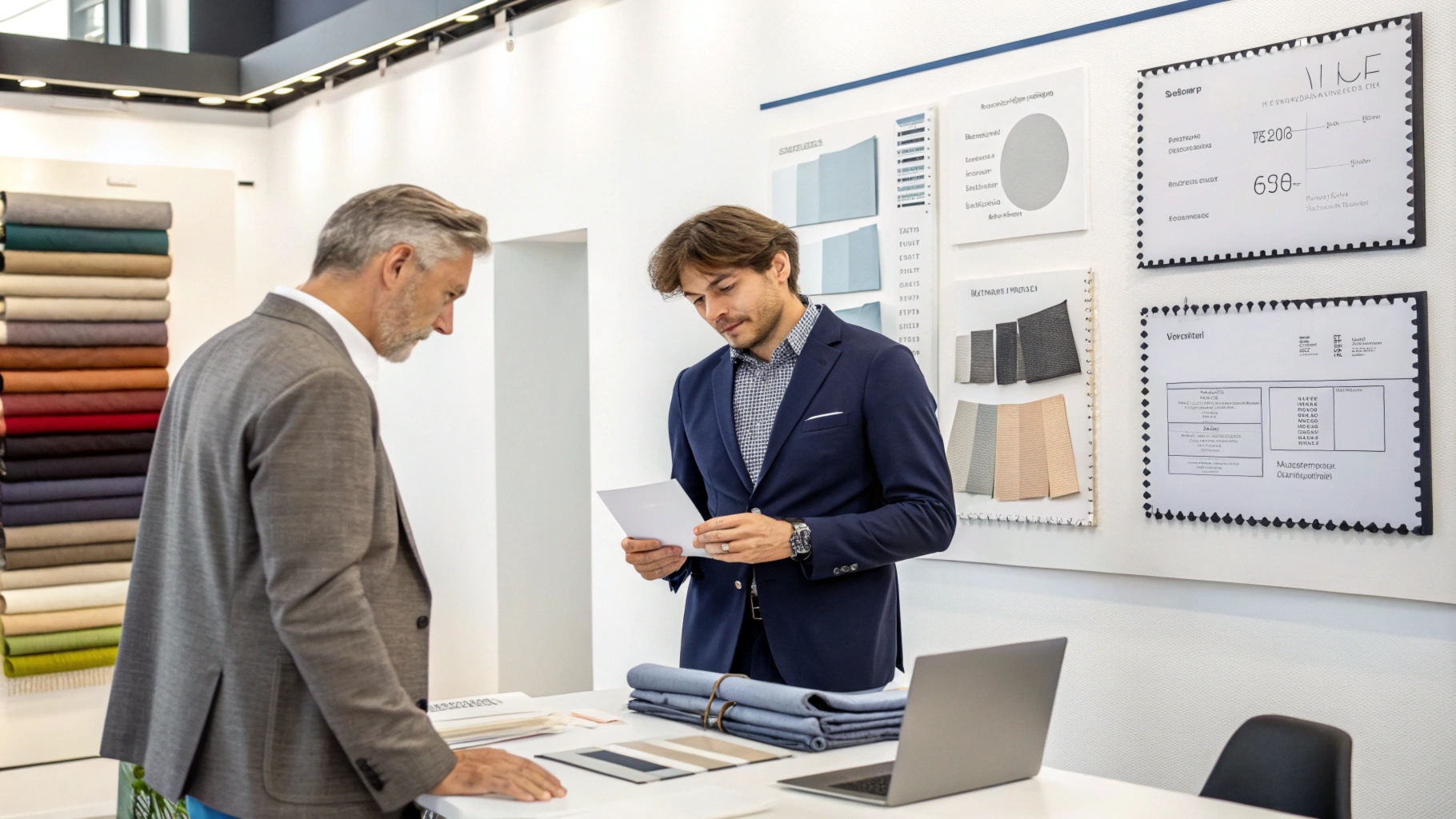 A business owner discussing production details with a manufacturer’s representative, surrounded by fabric swatches, tech packs, and quality certifications, in a modern workspace.