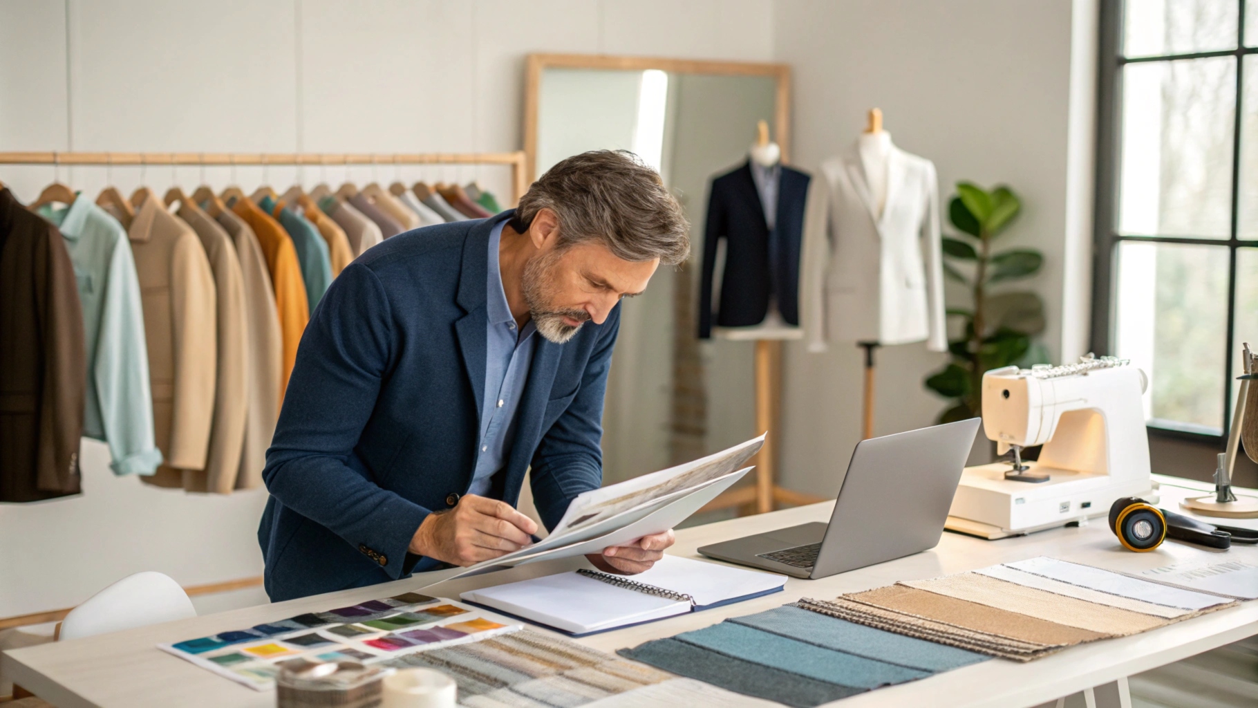 A designer reviewing samples and production plans with fabric swatches, tech packs, and supplier catalogs on a desk in a modern studio, surrounded by sewing and inspection tools.