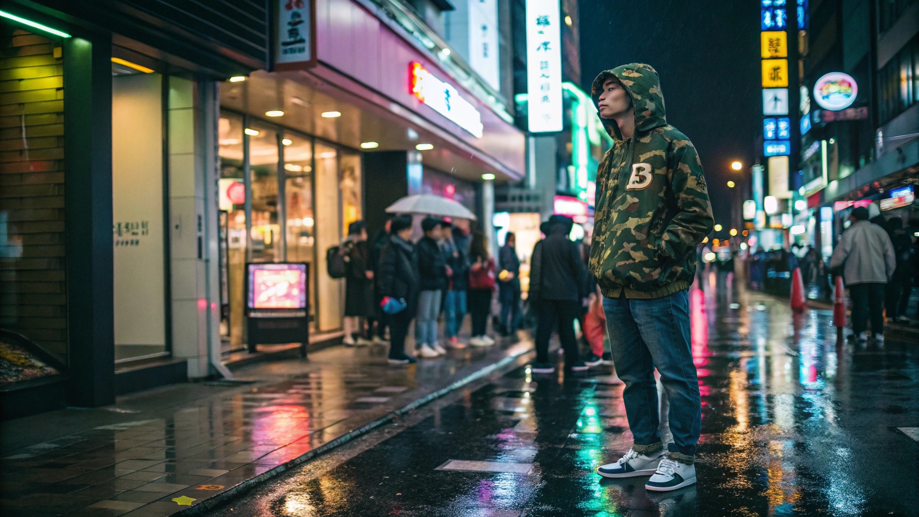 A retro 1990s Harajuku street scene featuring a fashion-forward crowd outside an early BAPE store, with neon lights reflecting on wet pavement and a stylish man wearing an oversized BAPE camo hoodie, baggy jeans, and limited-edition sneakers, capturing Tokyo’s underground streetwear culture.