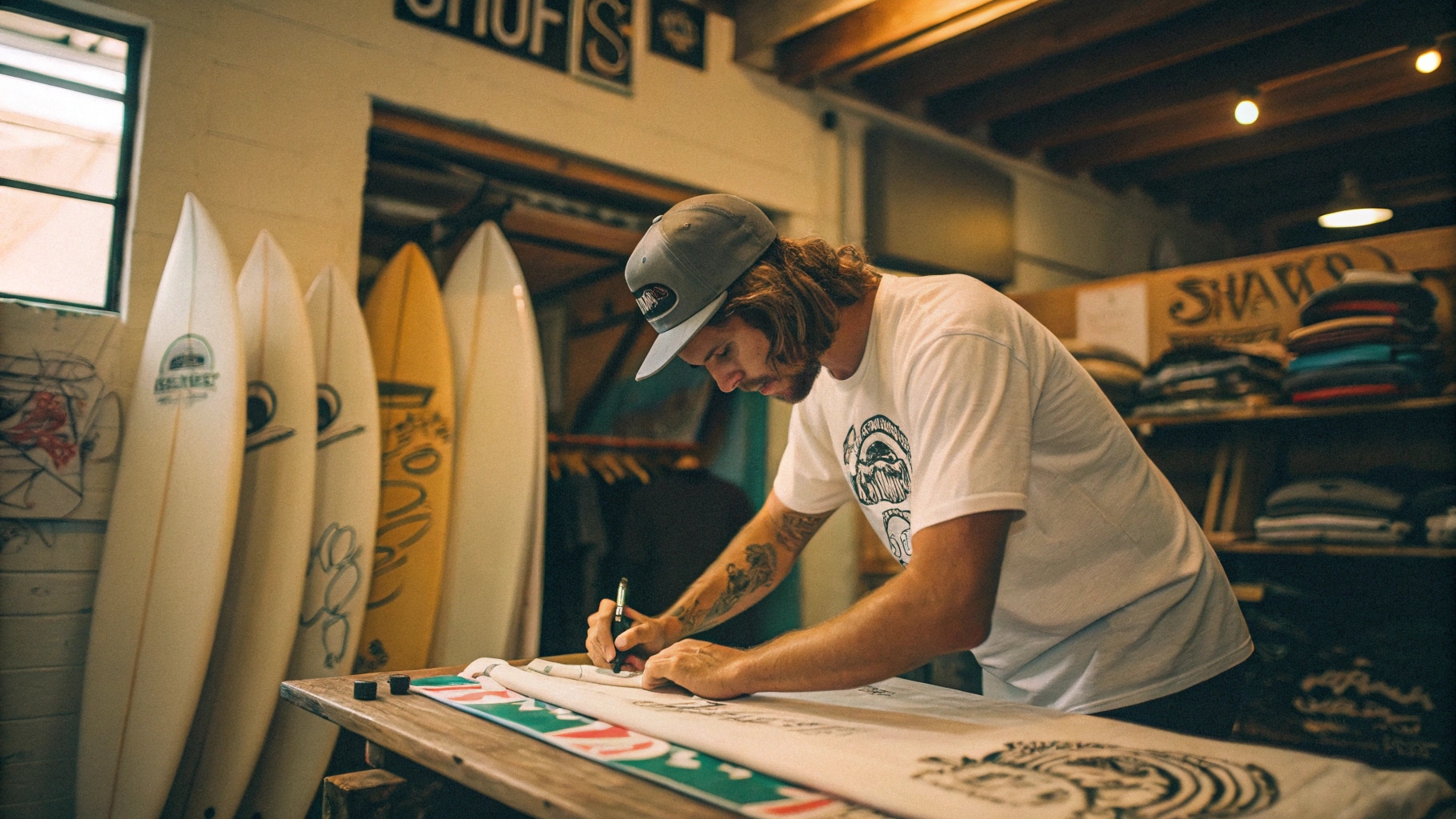 A retro-inspired scene of a 1980s California surf shop where Shawn Stussy screen-prints his signature logo onto T-shirts, surrounded by surfboards and graffiti-covered walls, capturing the brand’s early surf and skate culture roots.