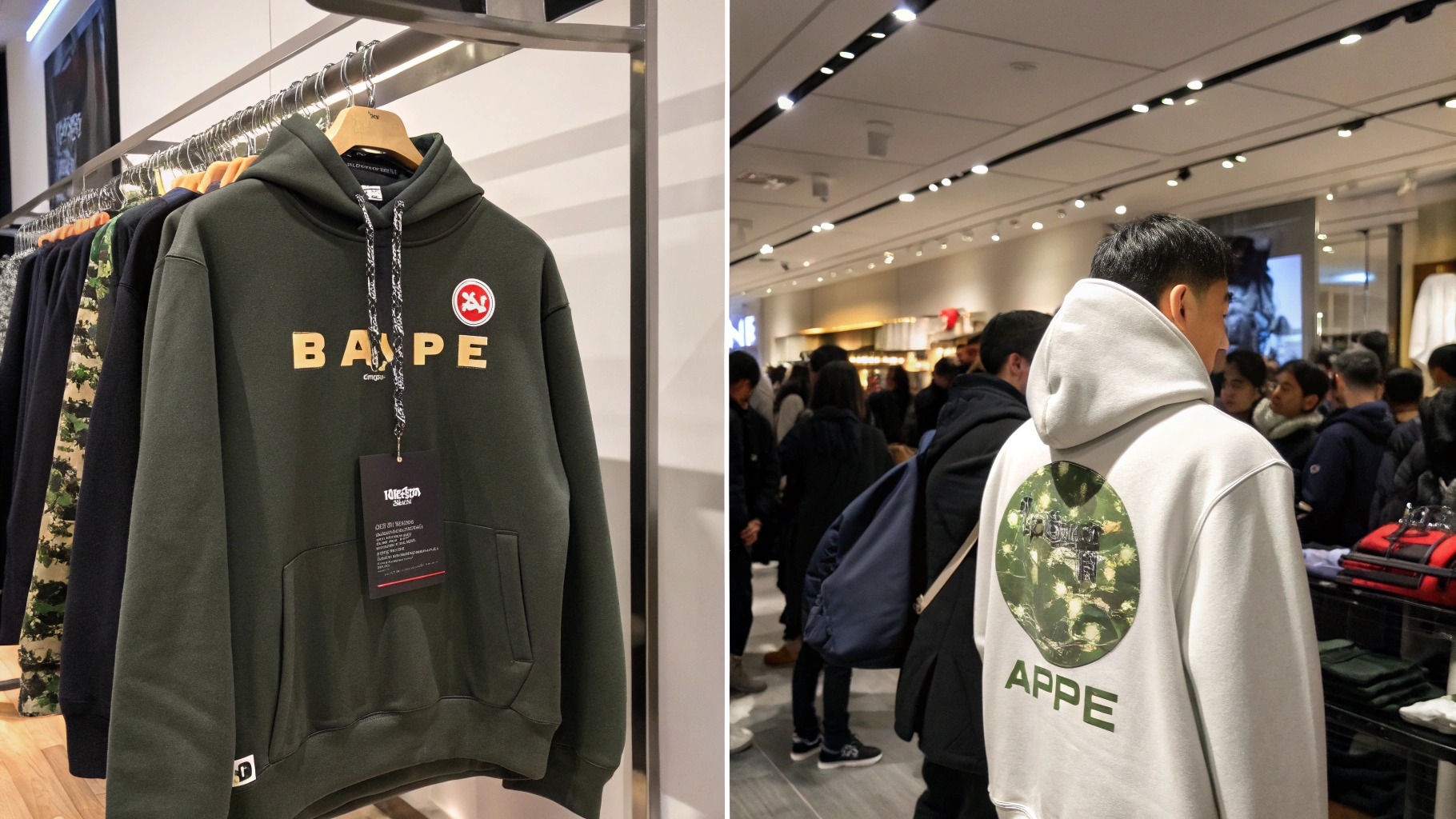 A side-by-side comparison of BAPE and AAPE in a stylish retail setting—BAPE’s premium hoodie displayed in a sleek boutique with limited-edition branding, while AAPE’s mass-produced hoodie is showcased in a larger retail store with a more affordable price tag, with customers browsing both sections.