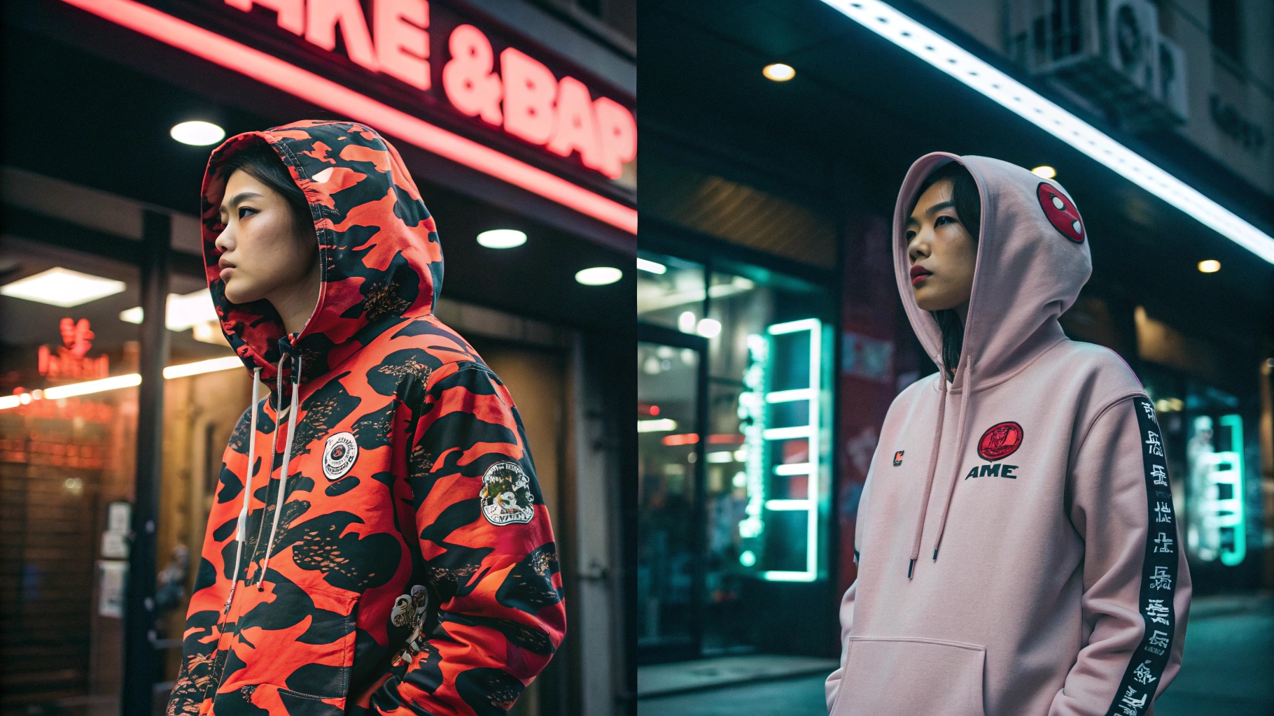 A split-screen fashion editorial comparing BAPE and AAPE styles—one model in a bold, oversized BAPE camo hoodie with vibrant patterns, and another in a minimalistic AAPE hoodie with subtle logo detailing, set in a neon-lit urban environment.