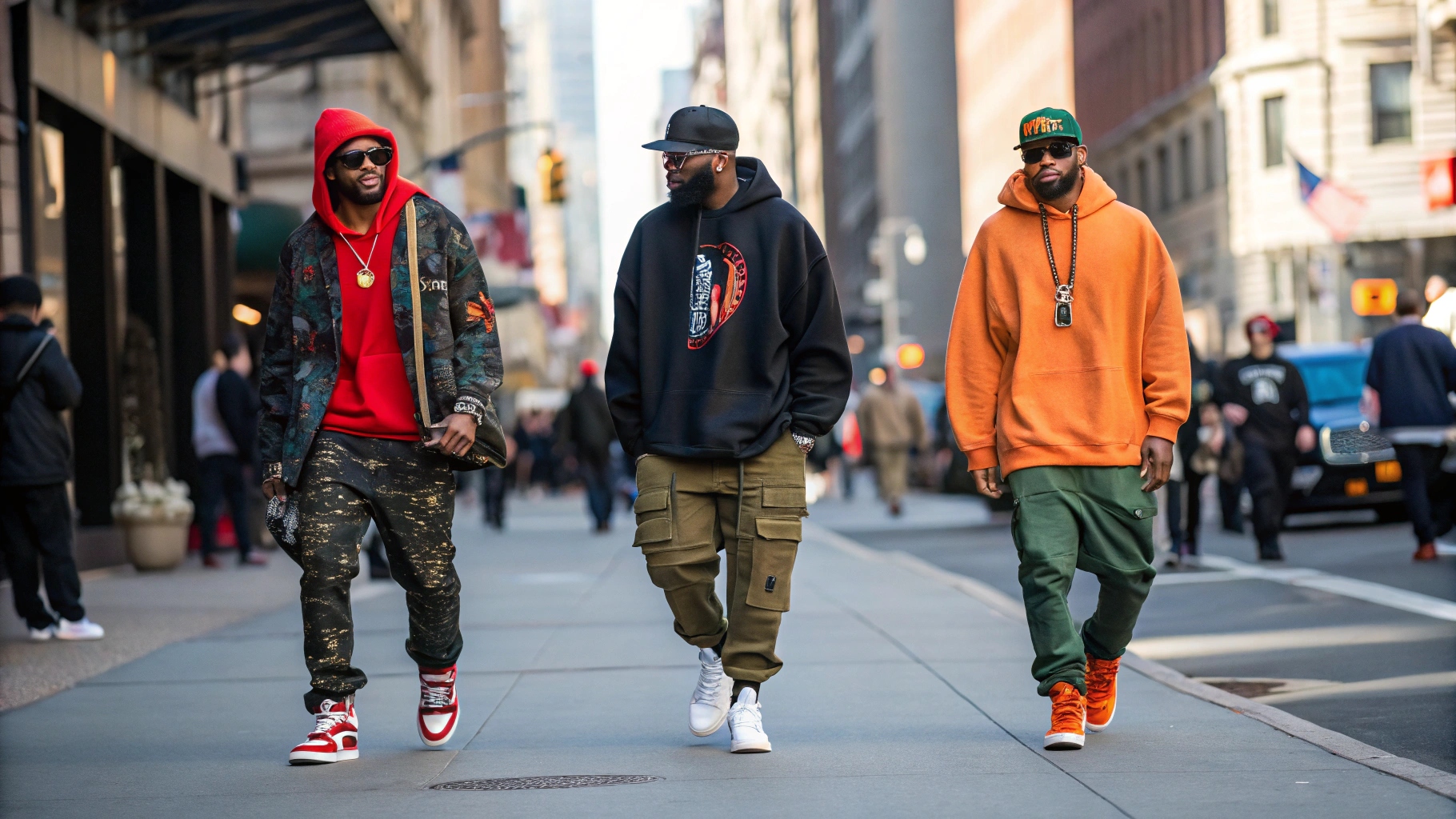 Three men confidently walk side by side down a busy urban street, each rocking unique streetwear looks, from oversized hoodies to graphic tees and cargo pants, with bold sneakers and accessories, set against a vibrant city backdrop.