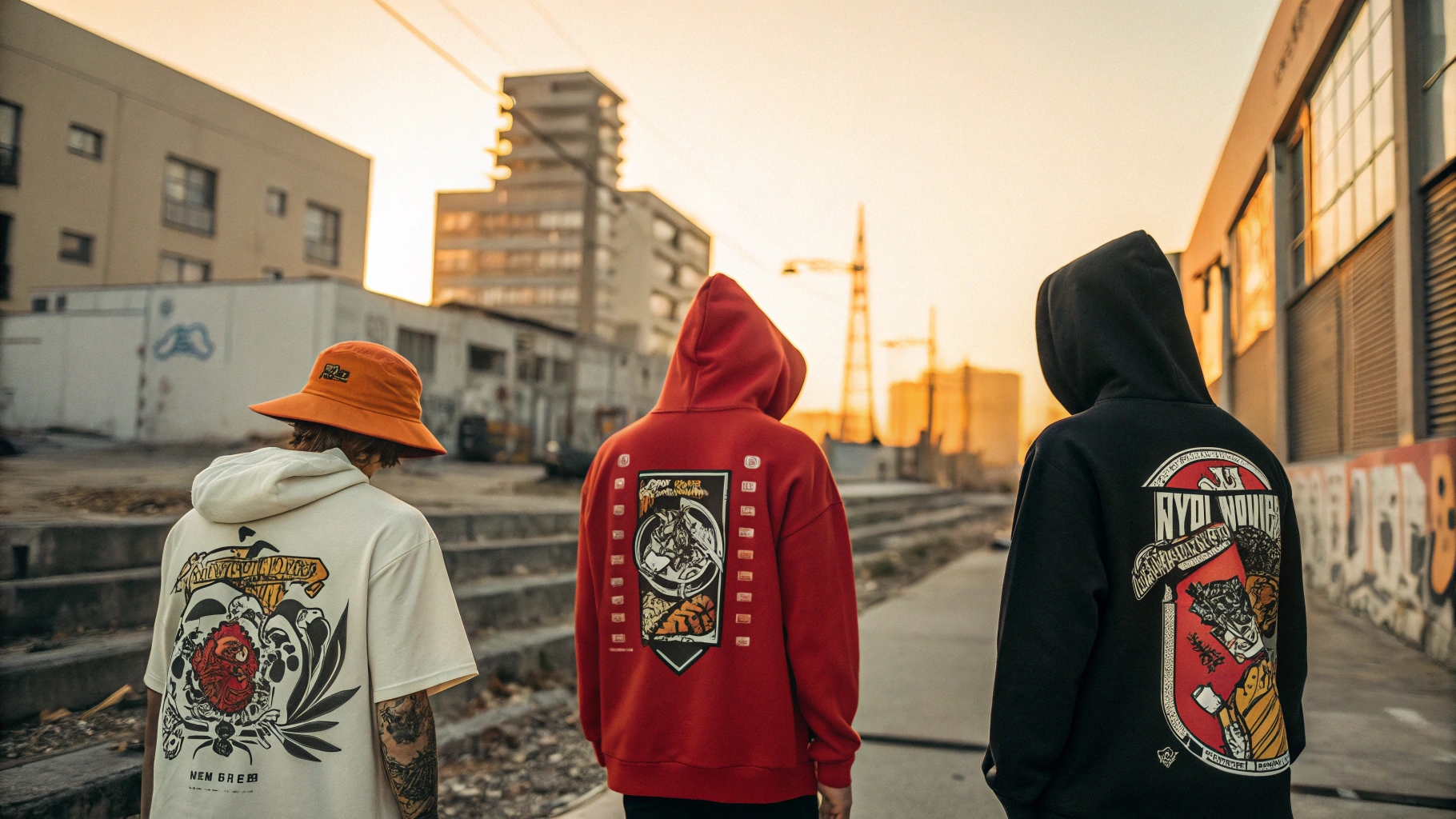 A streetwear collection inspired by skate culture, featuring graphic tees and oversized hoodies, showcasing high-quality fabrics and durability, shot in a gritty urban environment during golden hour with warm lighting.