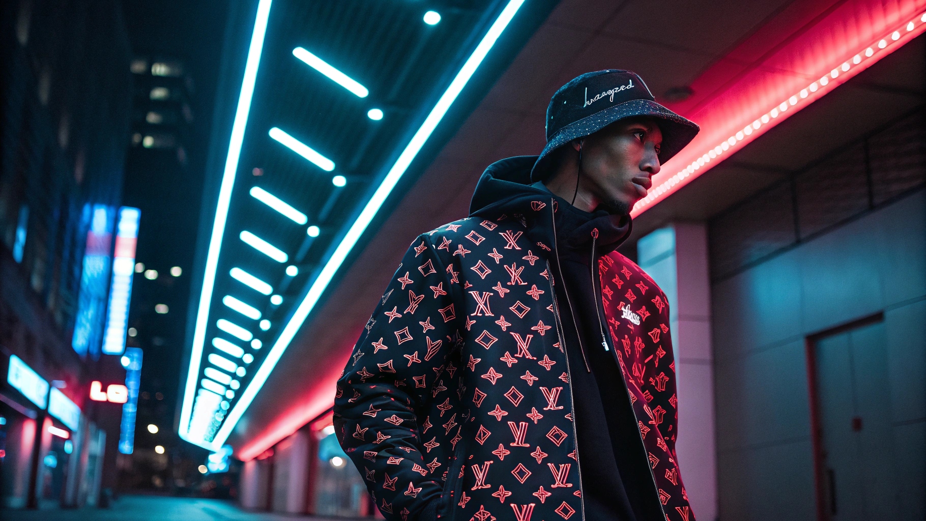 A model wearing a custom-designed Supreme-inspired hoodie with bold graphics and an oversized fit, paired with baggy cargo pants and limited-edition sneakers, set in a modern cityscape with neon reflections.