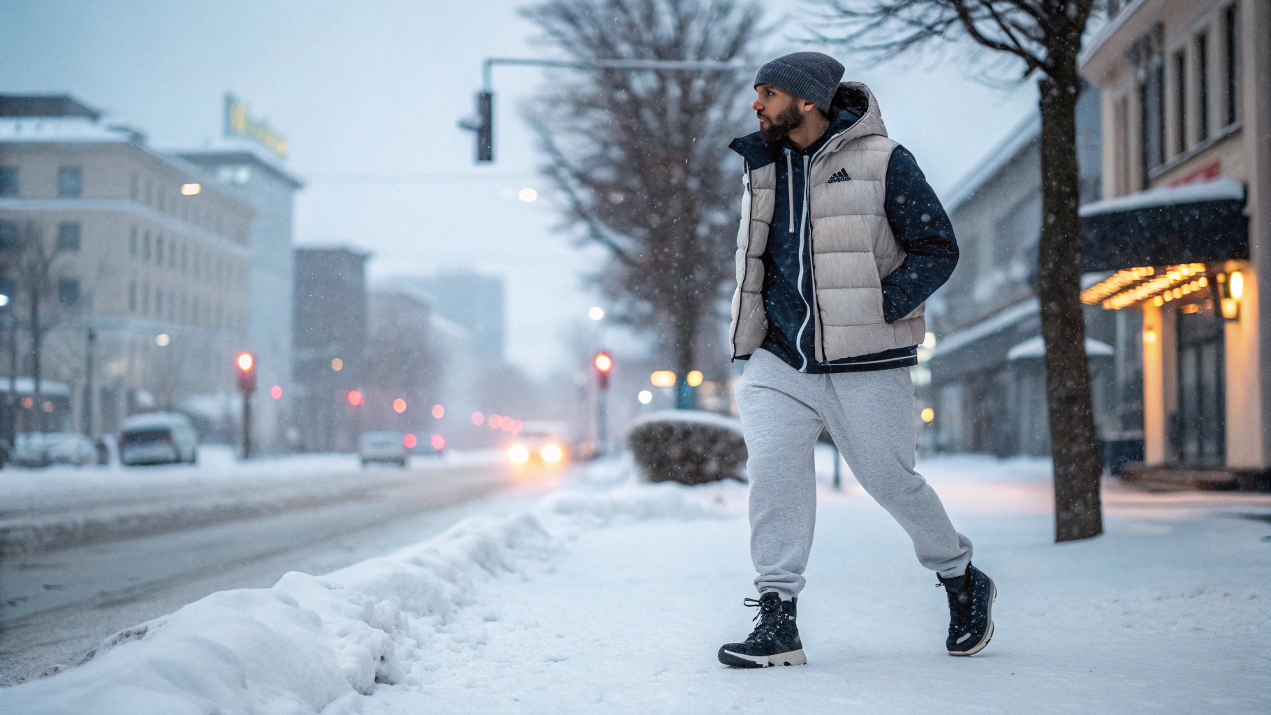 A stylish man in sweatpants, a puffer jacket, winter boots, and a beanie, walking through a snowy urban street, capturing casual yet chic winter fashion.