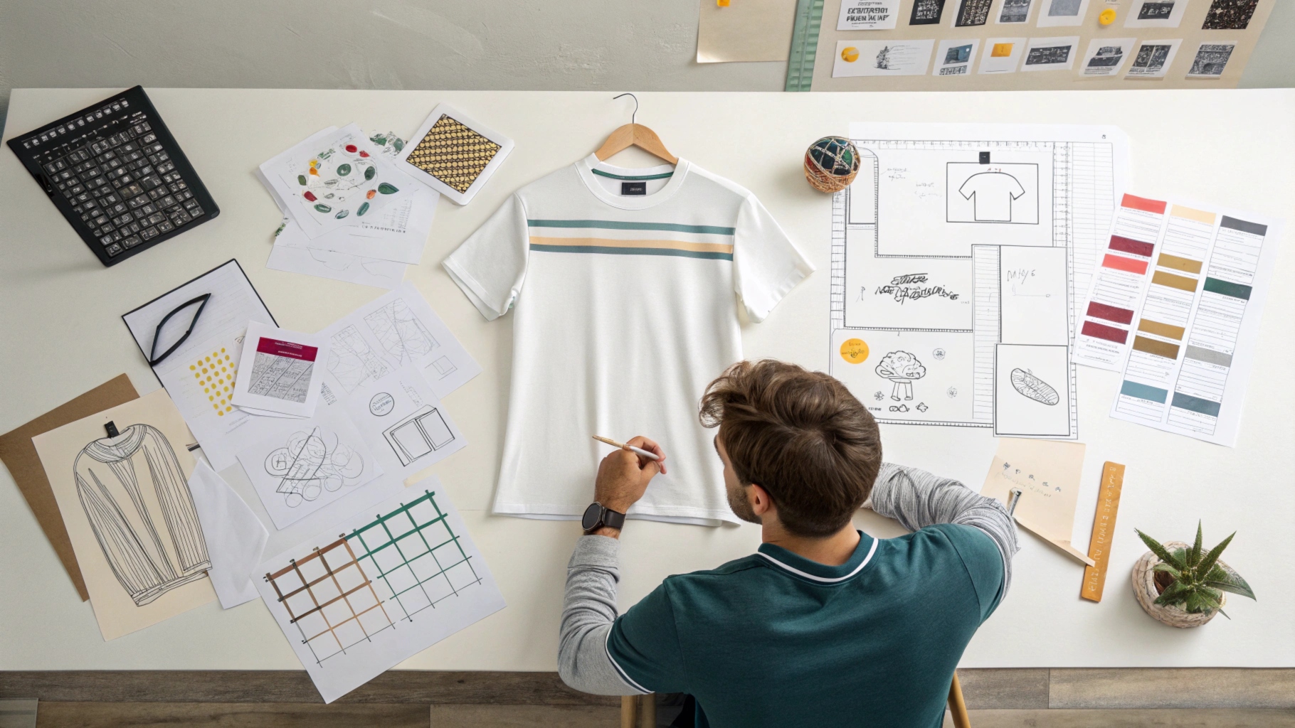 Designer crafting a modern T-shirt design with inspiration boards, sketches, and color palettes on a clean desk.