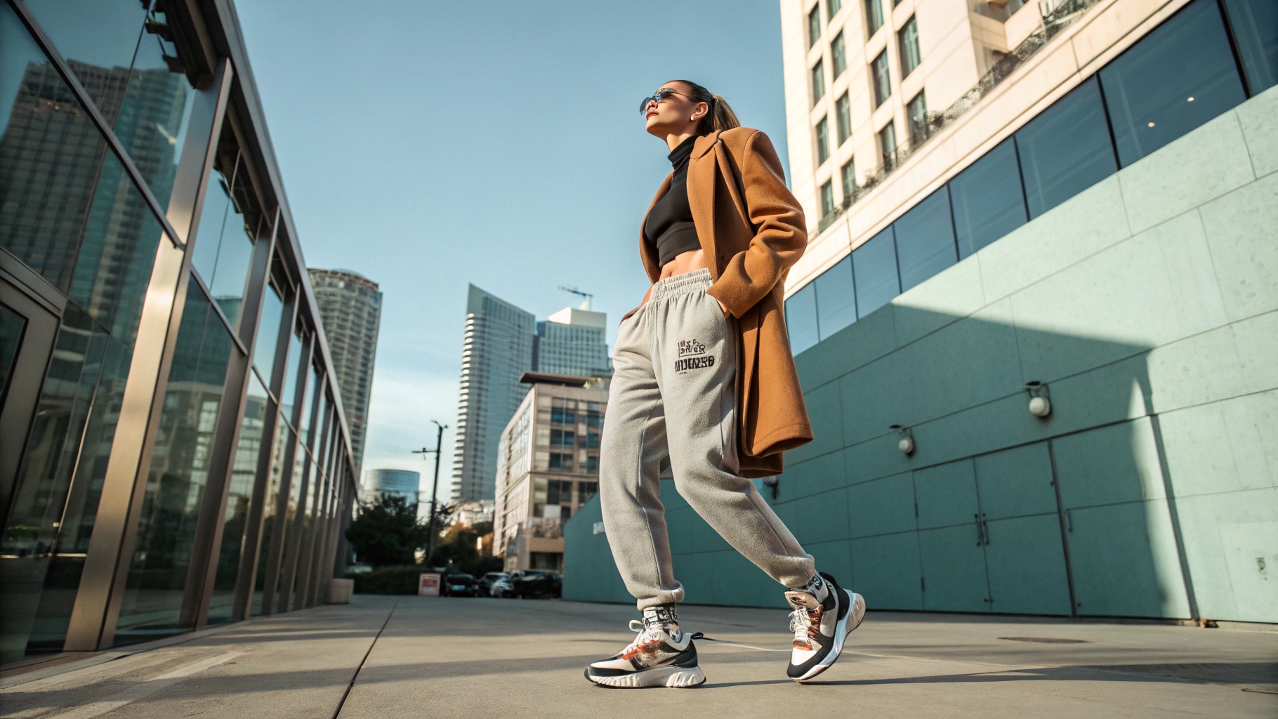 A fashionable streetwear outfit featuring tapered sweatpants, a fitted jacket, and high-end sneakers, set in an urban city environment with natural daylight.