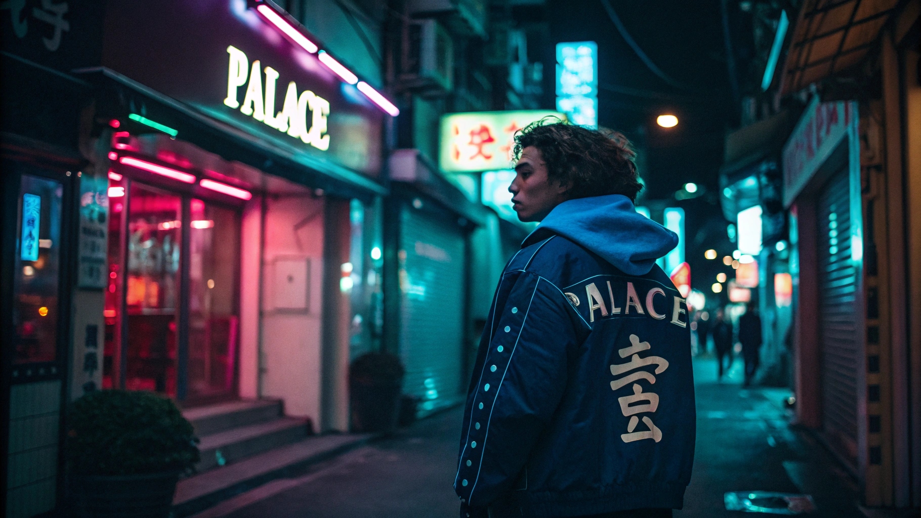 A model wearing a Palace Skateboards jacket made from premium Japanese denim, standing in a neon-lit Tokyo alleyway, blending UK skate culture with Japanese urban fashion in a cinematic, moody setting.