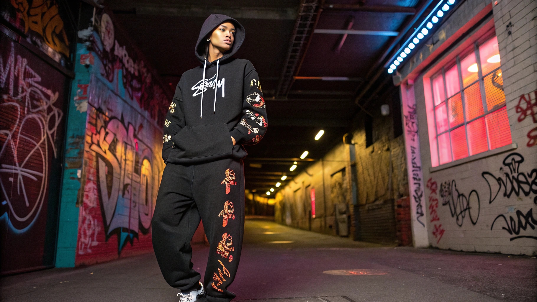 A model wearing custom-designed streetwear inspired by Stussy, featuring an oversized hoodie with bold graphics and embroidery, paired with relaxed-fit joggers, set in a graffiti-covered alley with neon lighting, highlighting streetwear culture and exclusivity.