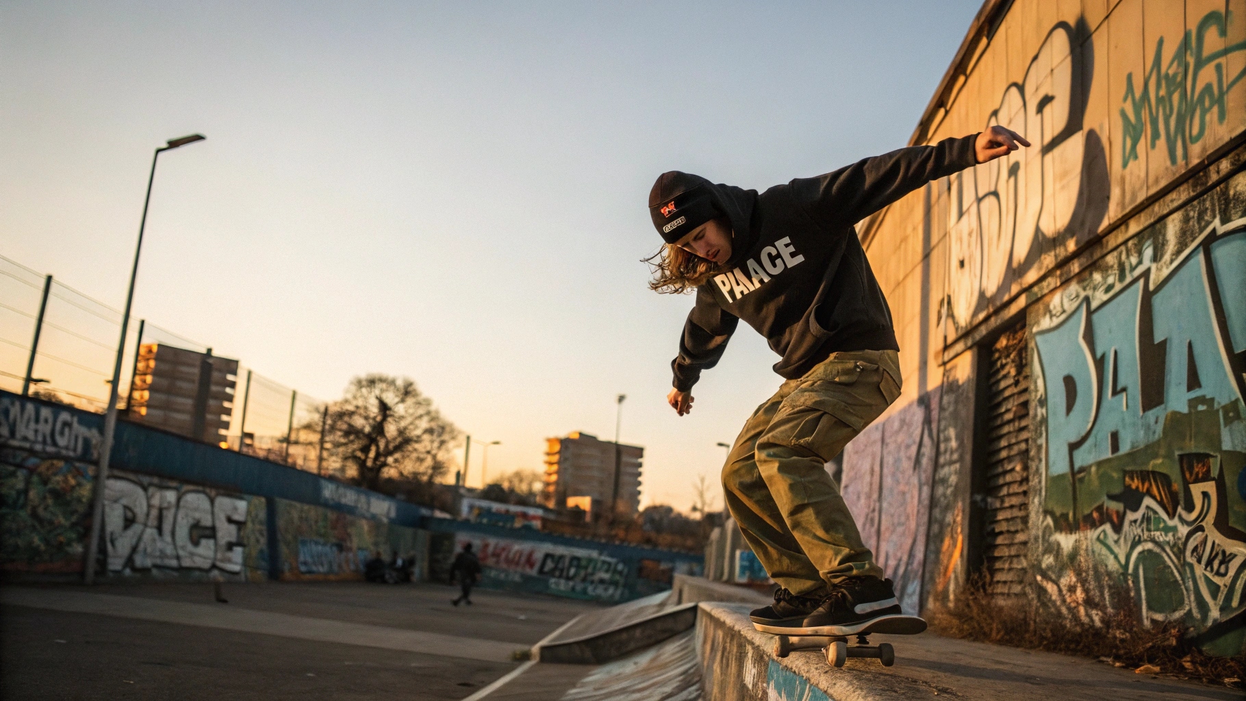 A skater wearing a Palace Skateboards hoodie and cargo pants performing a trick in front of a graffiti-covered wall, captured with dynamic motion blur and golden hour lighting, emphasizing a gritty streetwear aesthetic.