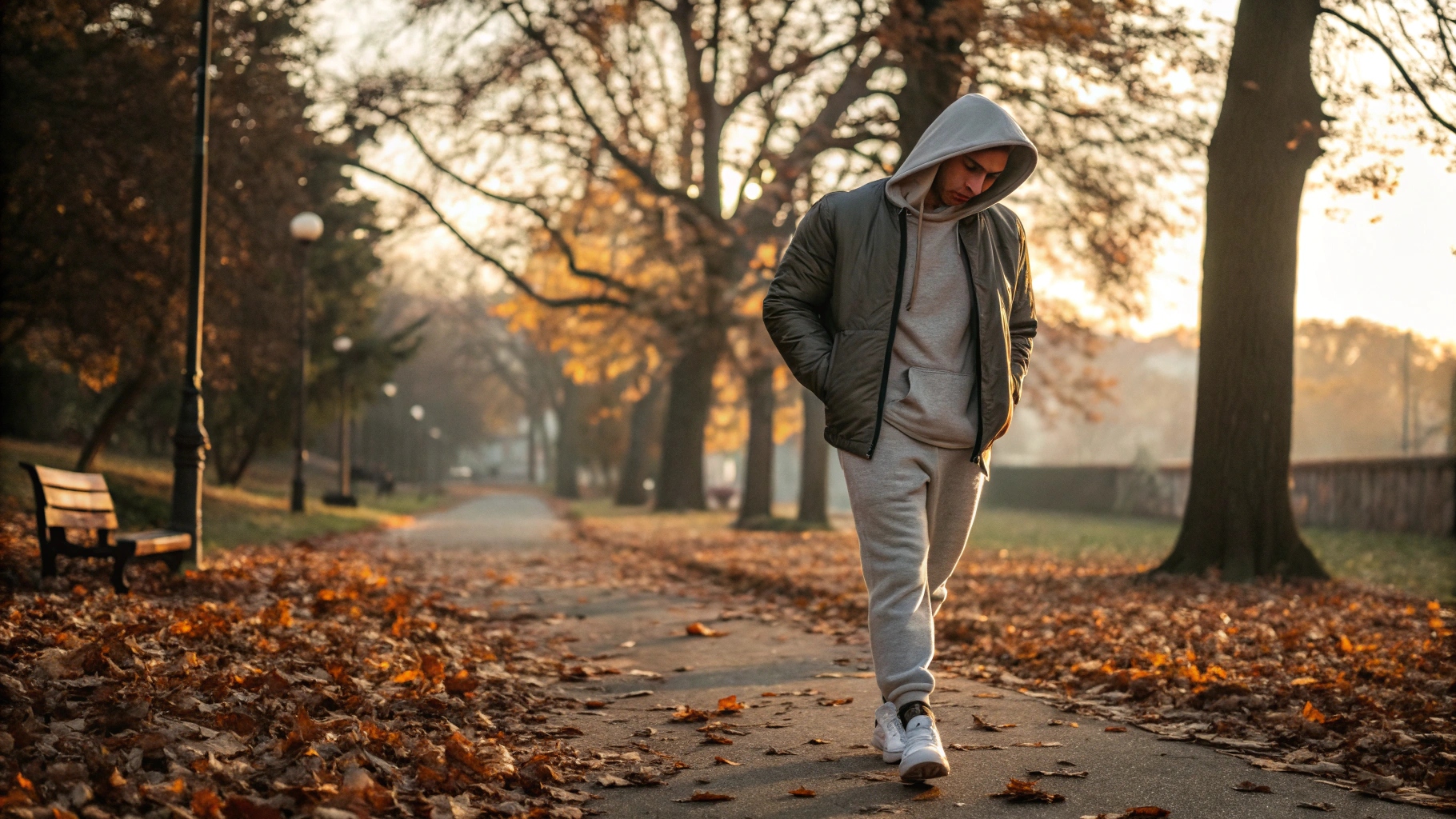 A stylish person in fleece-lined sweatpants, oversized hoodie, and bomber jacket, walking through an autumn park with fallen leaves, captured in soft morning light.