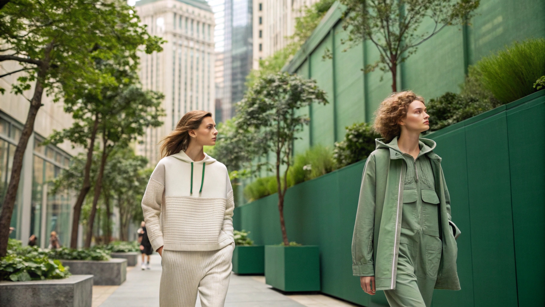 Models in sustainable streetwear made from organic cotton and recycled materials, set in an urban environment with green spaces.