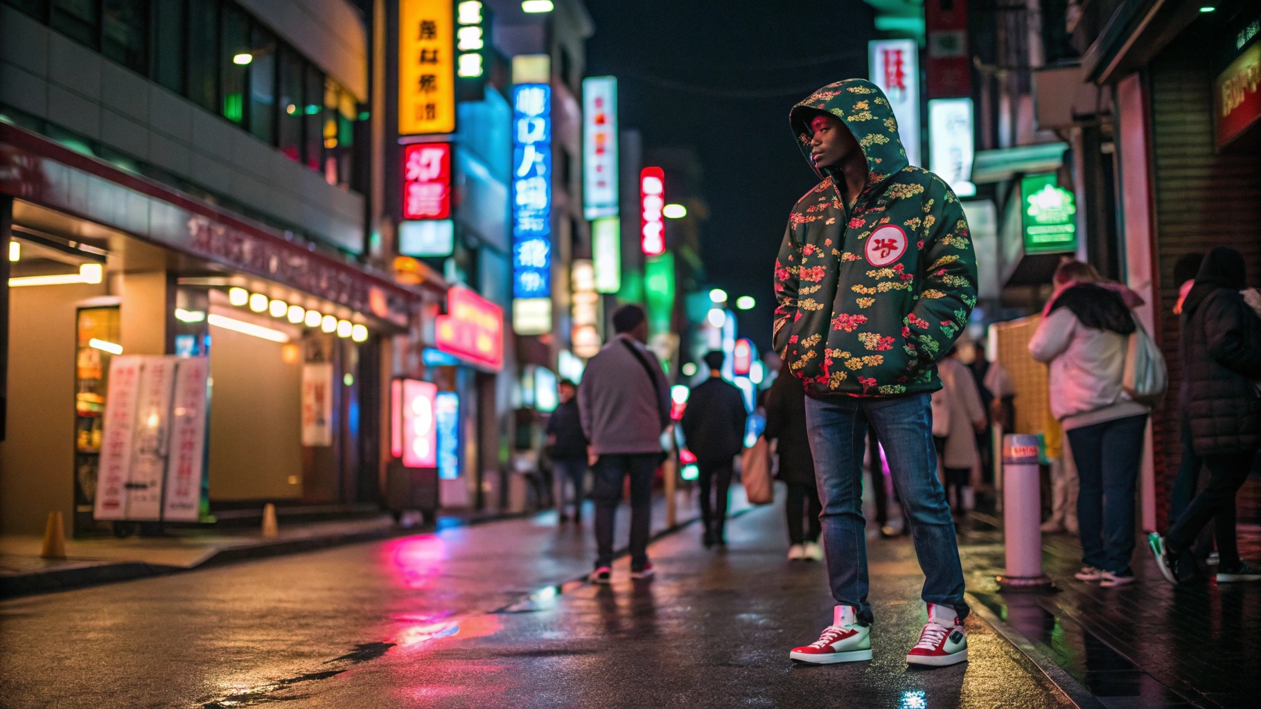 A vibrant Harajuku street scene at night featuring a stylish young man in an oversized BAPE camo hoodie, baggy jeans, and high-top sneakers, with neon lights reflecting off wet pavement and a group discussing streetwear trends in the background.