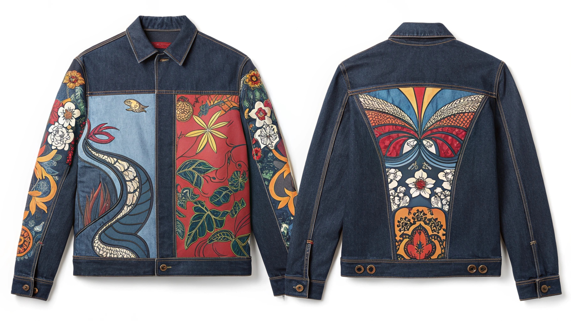 Custom denim jacket with vibrant multi-color artwork, intricate designs, and bold patterns on the front and back.