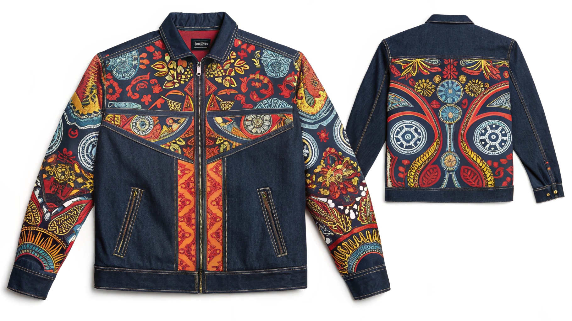 Custom denim jacket with bold, vibrant graphic designs on the front, back, and sleeves, featuring a sleek fit and premium stitching.