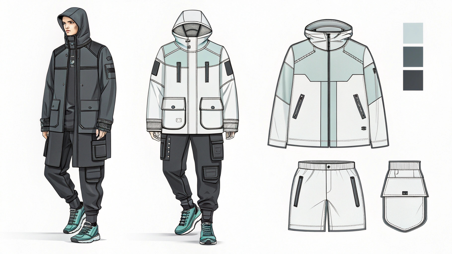 Futuristic techwear-streetwear fusion featuring waterproof fabrics, utility pockets, and oversized fits, blending minimalism with performance.